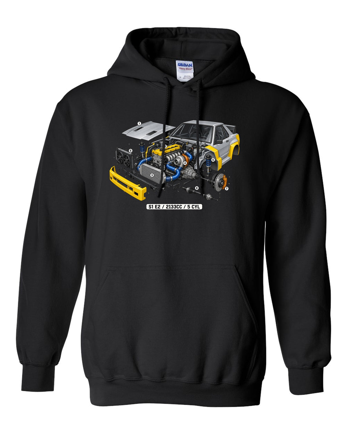 Isometric cutaway of the Audi S1 E2 five-cylinder engine, 2133cc black pull over hoodie front view with the design
