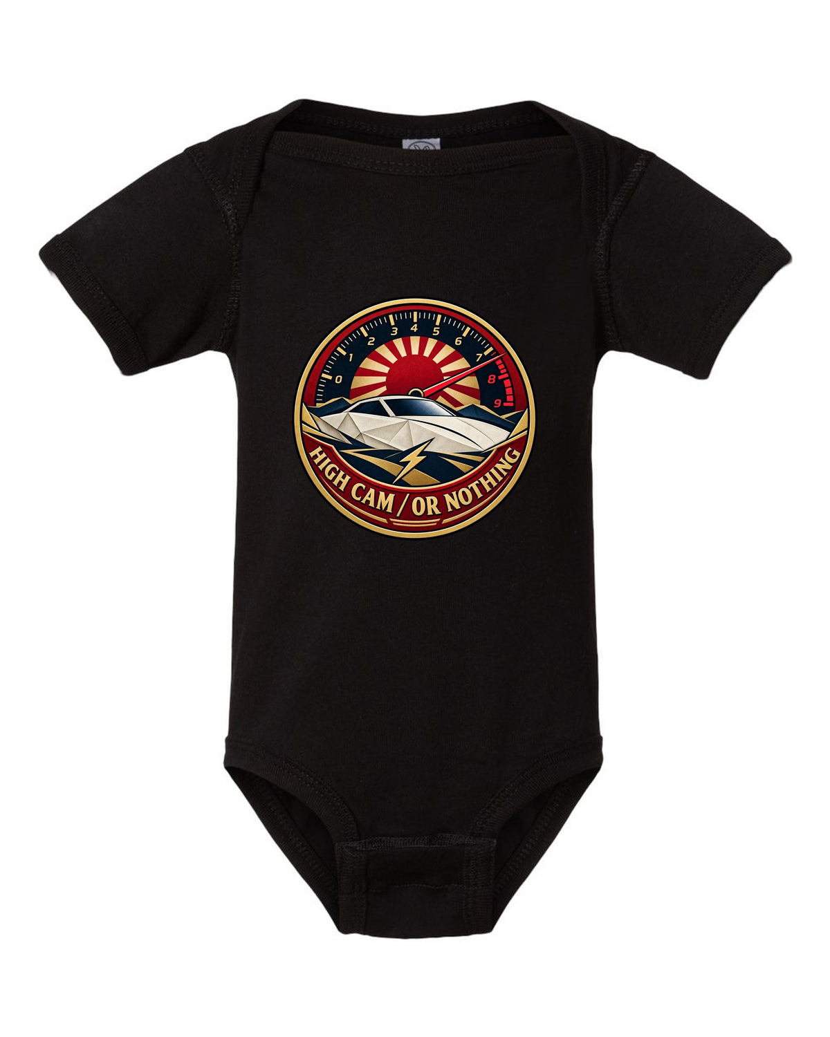 Origami-style crest of a Toyota Celica ZZT231 with the words High Cam or Nothing black baby onesie front view with the design