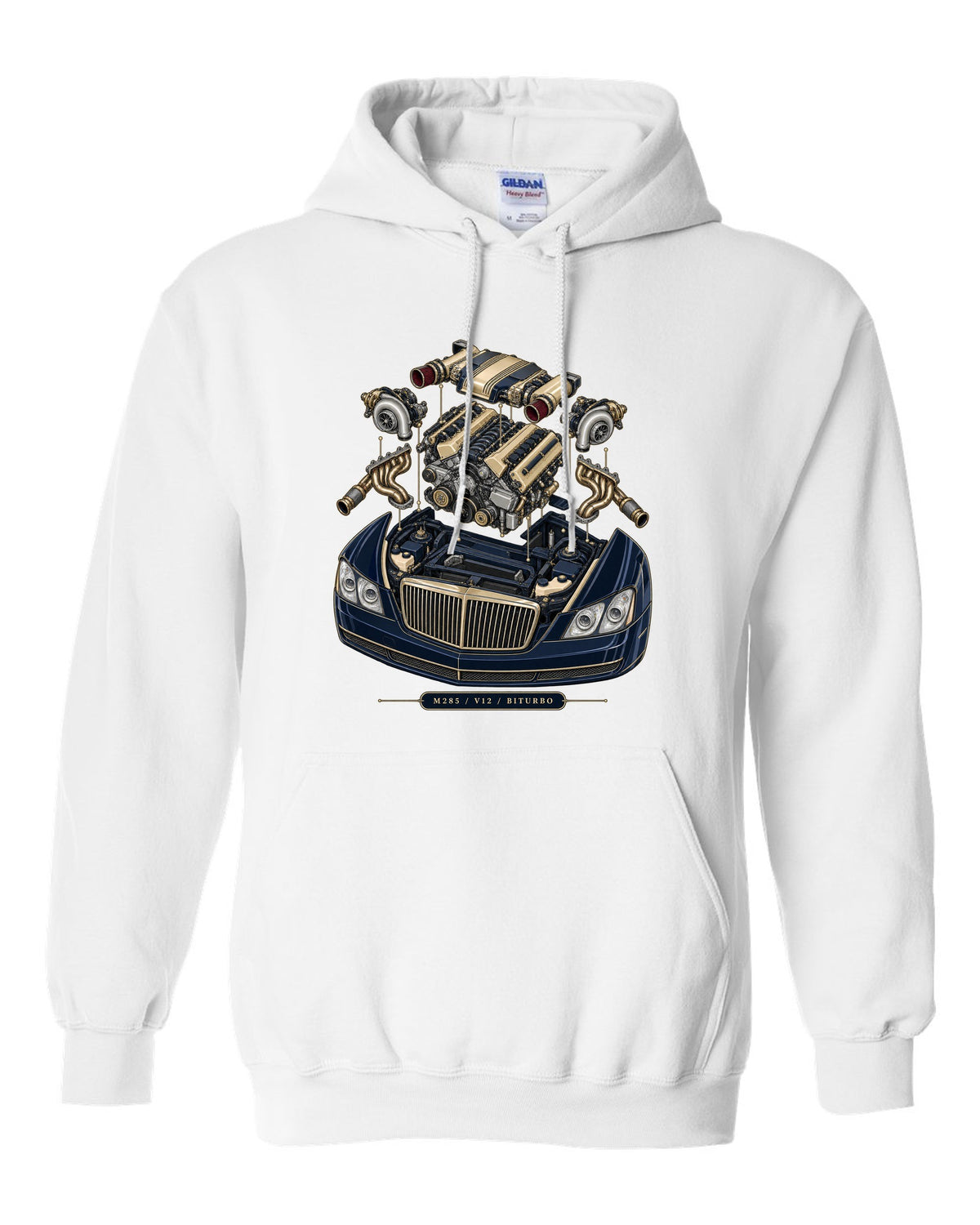 Pastel vaporwave rear view of the one-off Maybach Exelero on a shirt back white pull over hoodie front view with the design