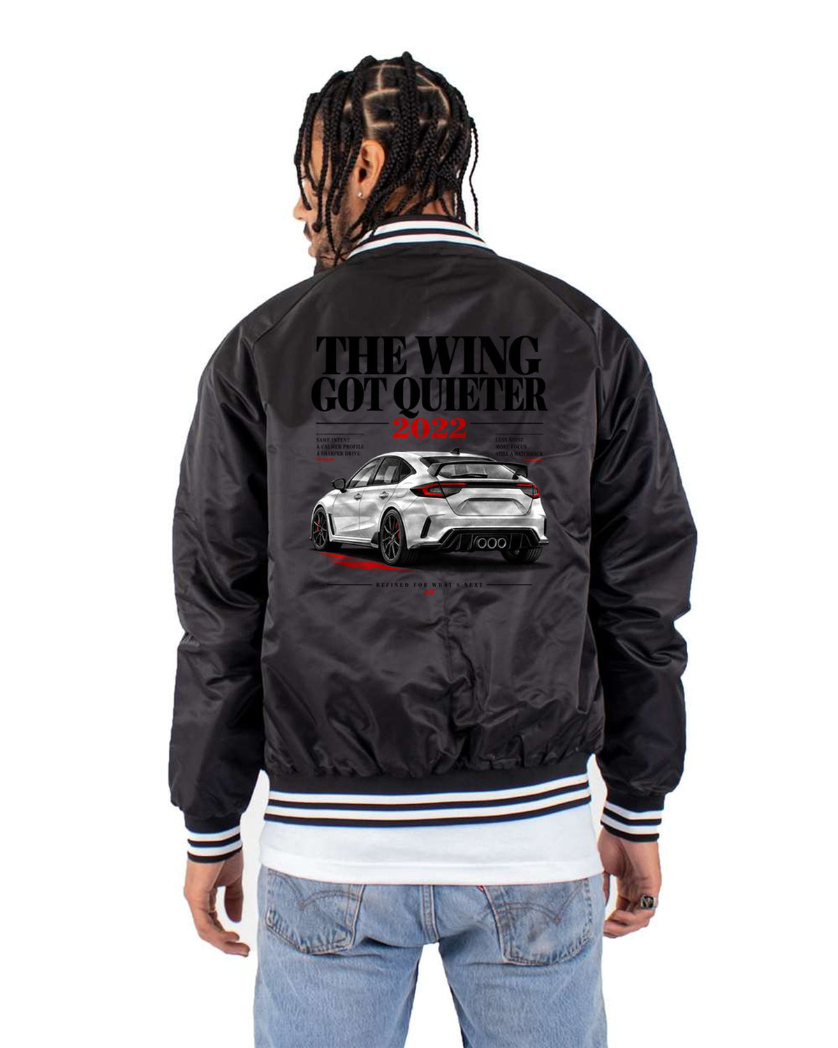 Honda Civic FL5 Type R Quieter Wing Editorial Tee, Car Gift Bomber Jacket Black back