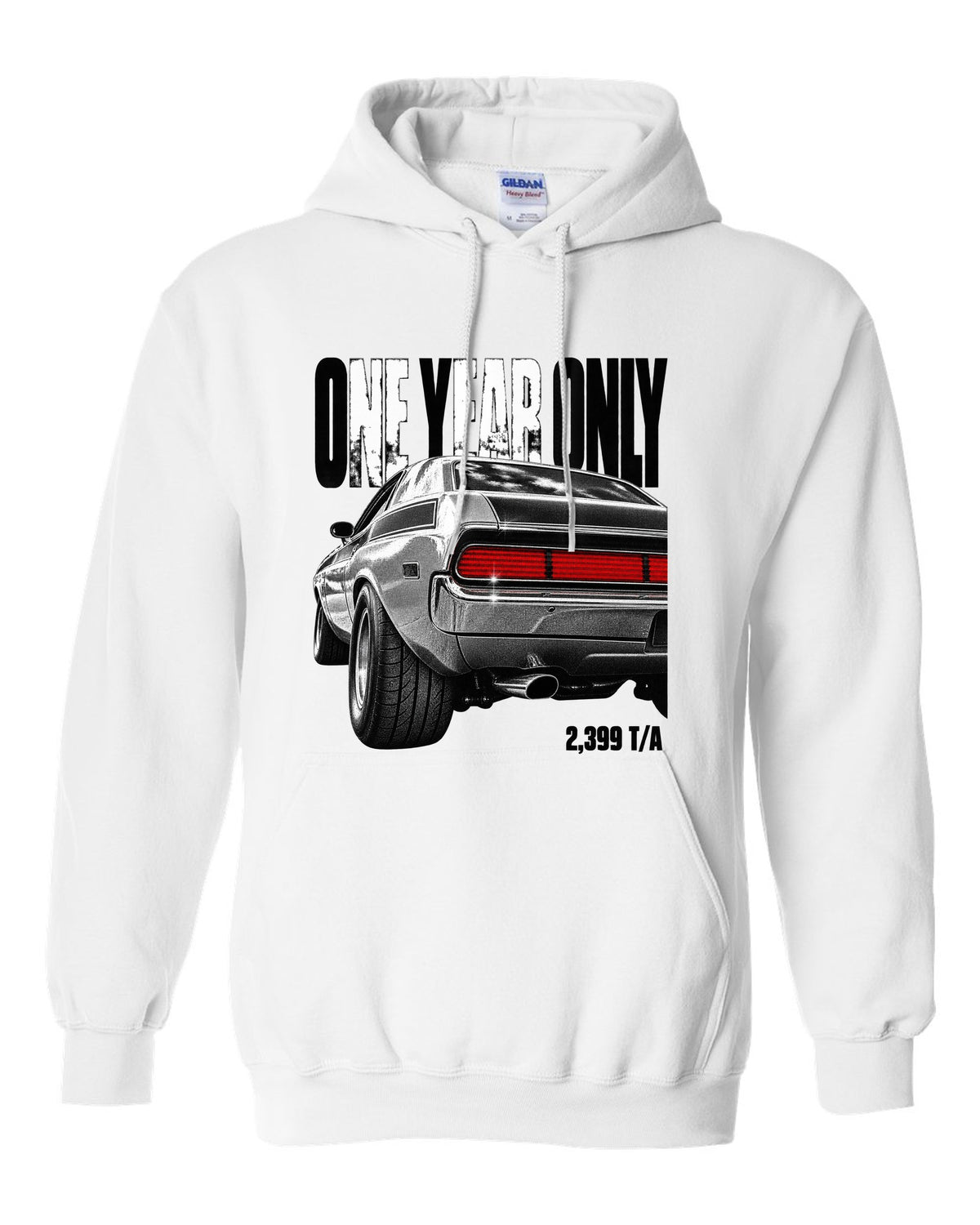 Taillight macro print of a 1970 Dodge Challenger T/A with one year only 2,399 T/A text white pull over hoodie front view with the design