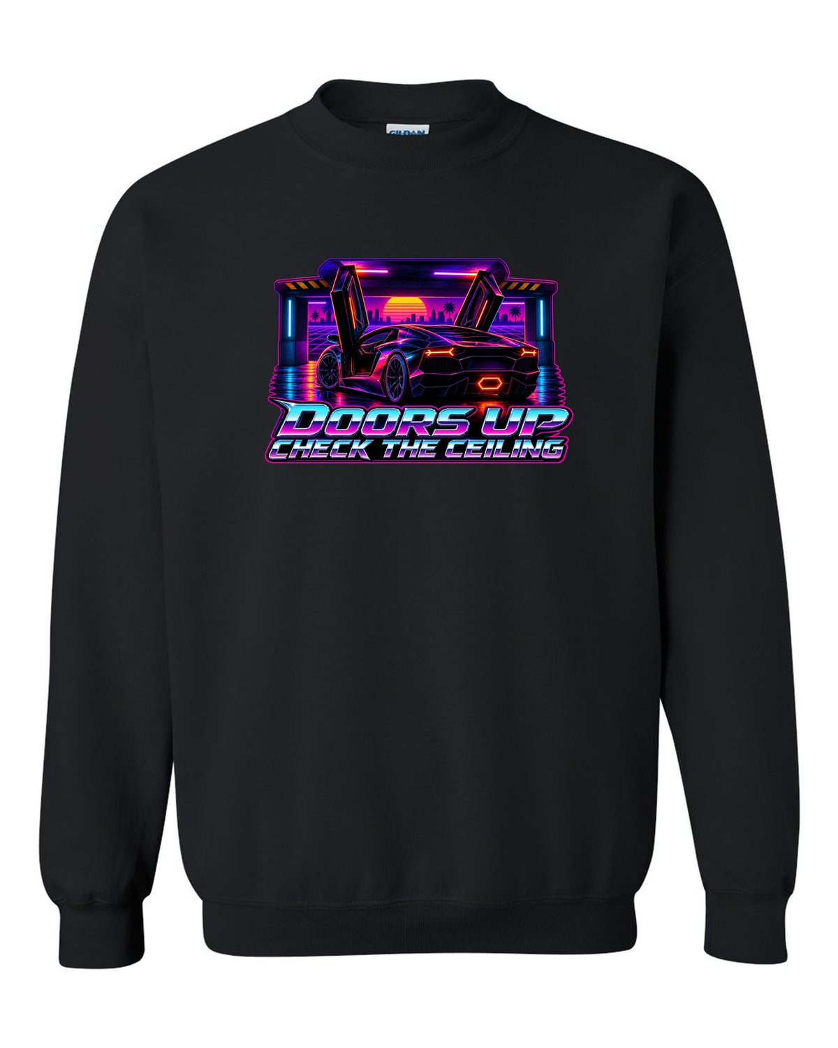 Synthwave outrun design of a Lamborghini Aventador LP700-4 with doors up and check the ceiling text black crewneck front view with the design