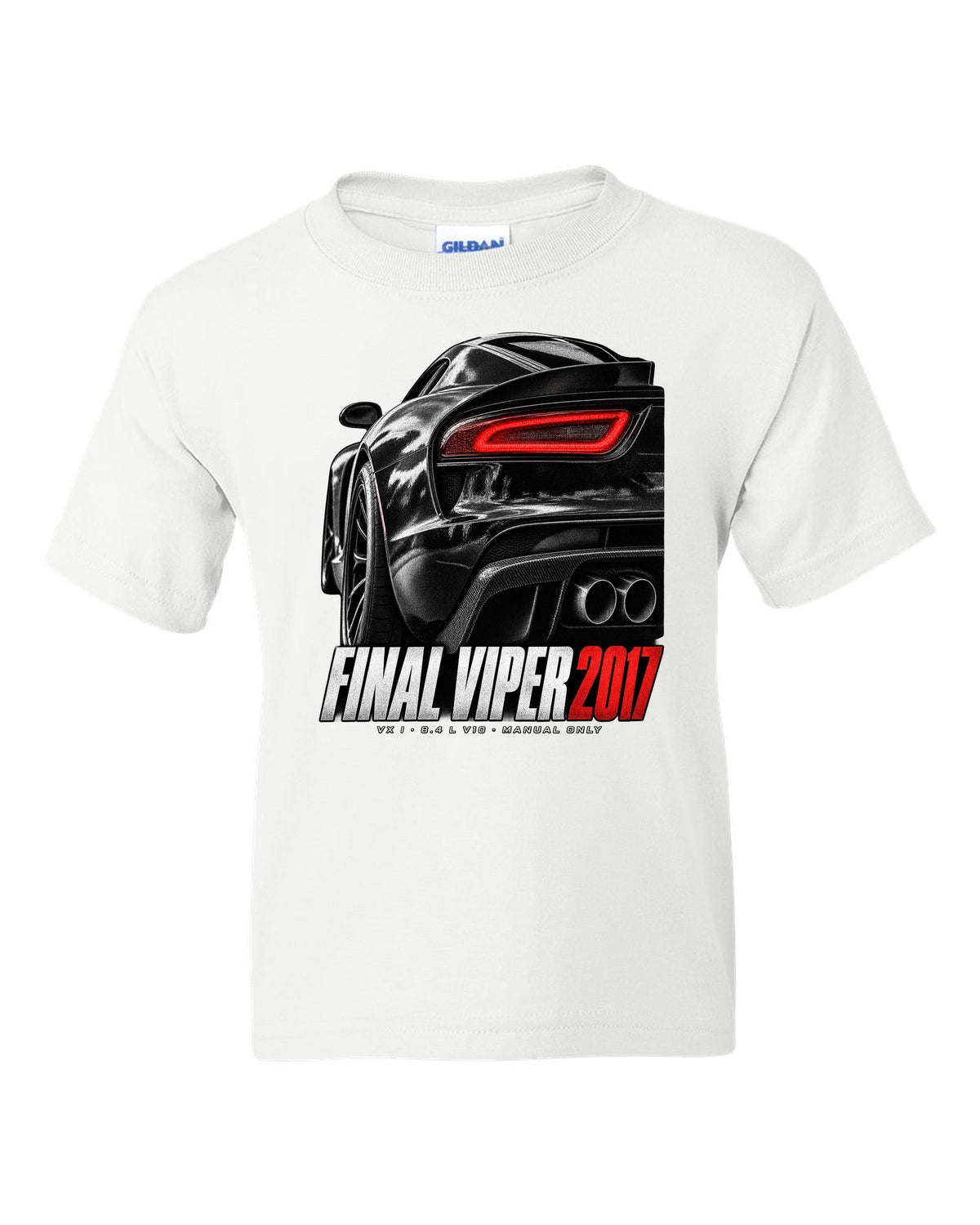2014 Dodge Viper SRT VX I rear taillight macro print with Final Viper 2017 lettering white kids tee front view with the design