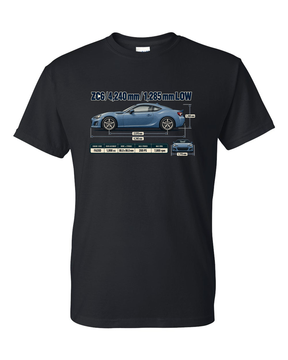 Blueprint-style dimension drawing of a Subaru BRZ ZC6 with length and height callouts black t-shirt front view with the design