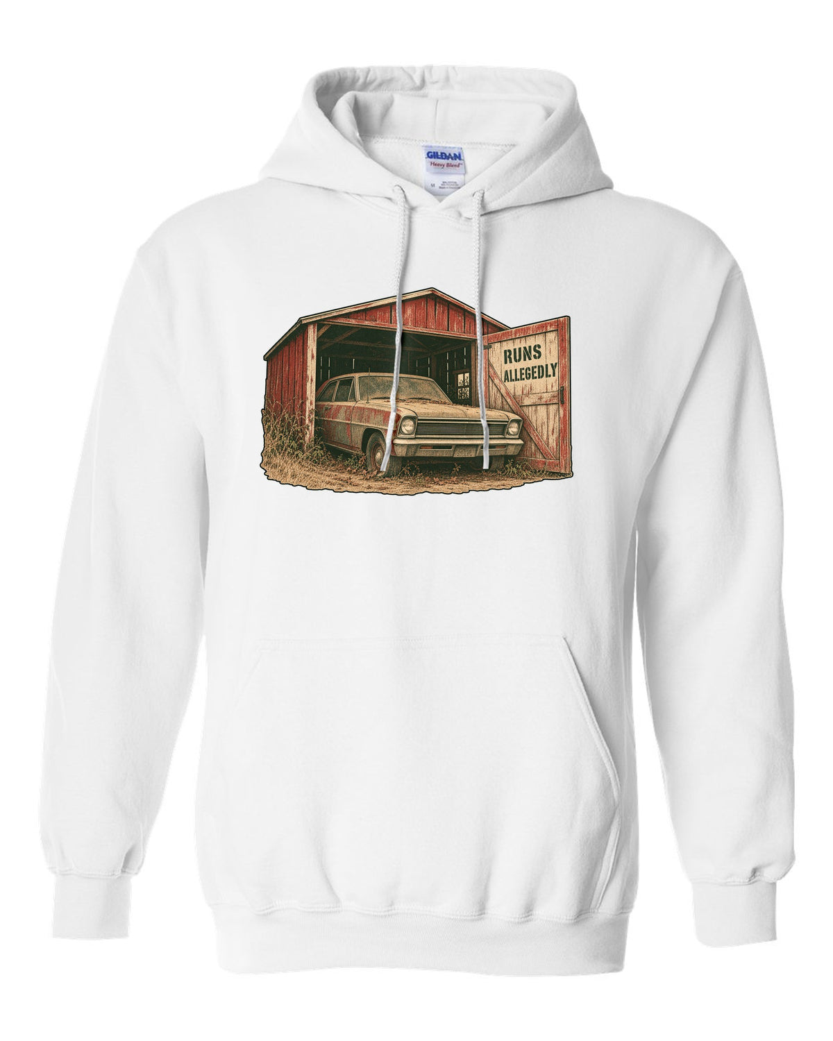 1966 Chevy II Nova in a grainy two-colour risograph barn find design with the text Runs Allegedly white pull over hoodie front view with the design