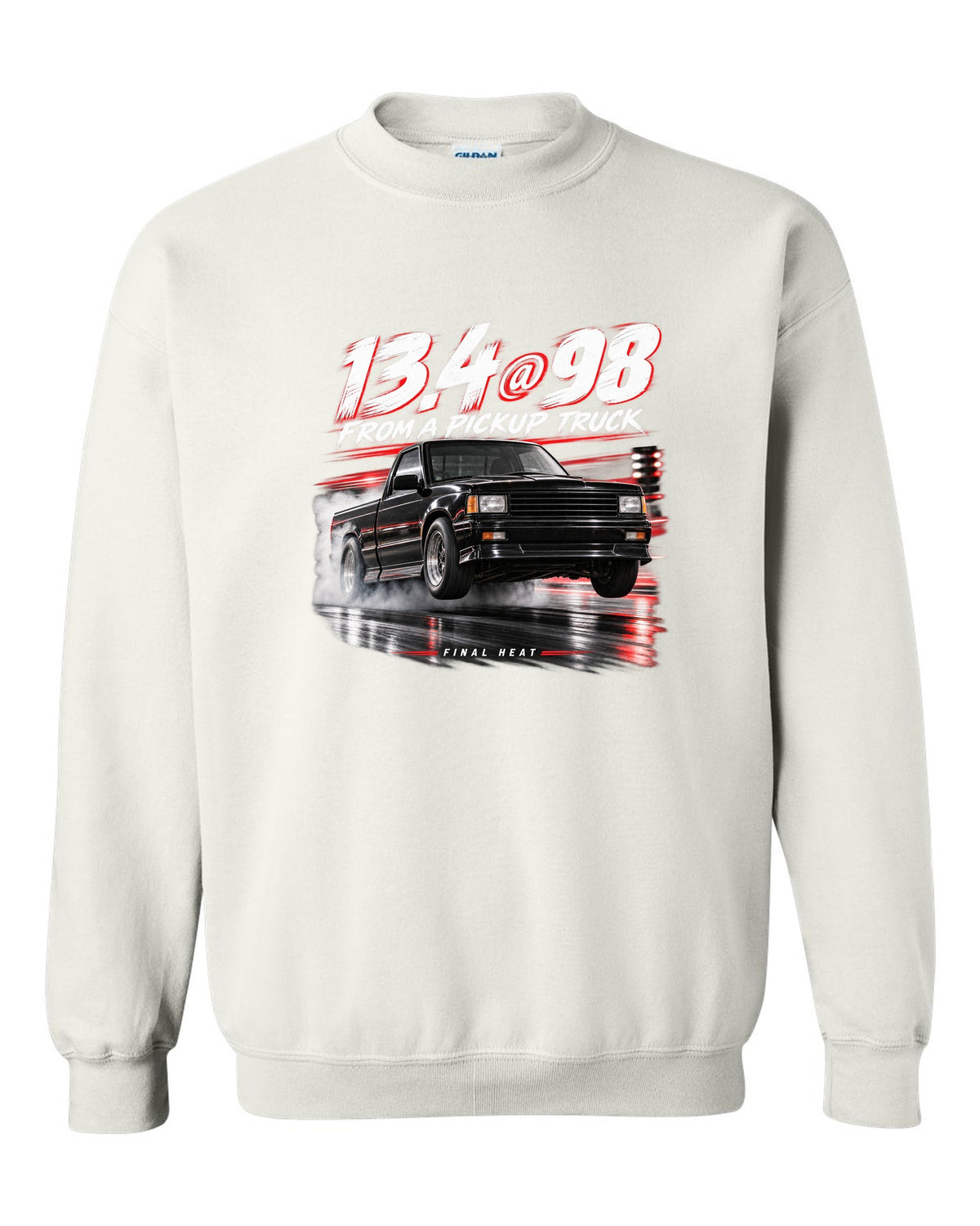 1991 GMC Syclone quarter mile race poster print white crewneck front view with the design