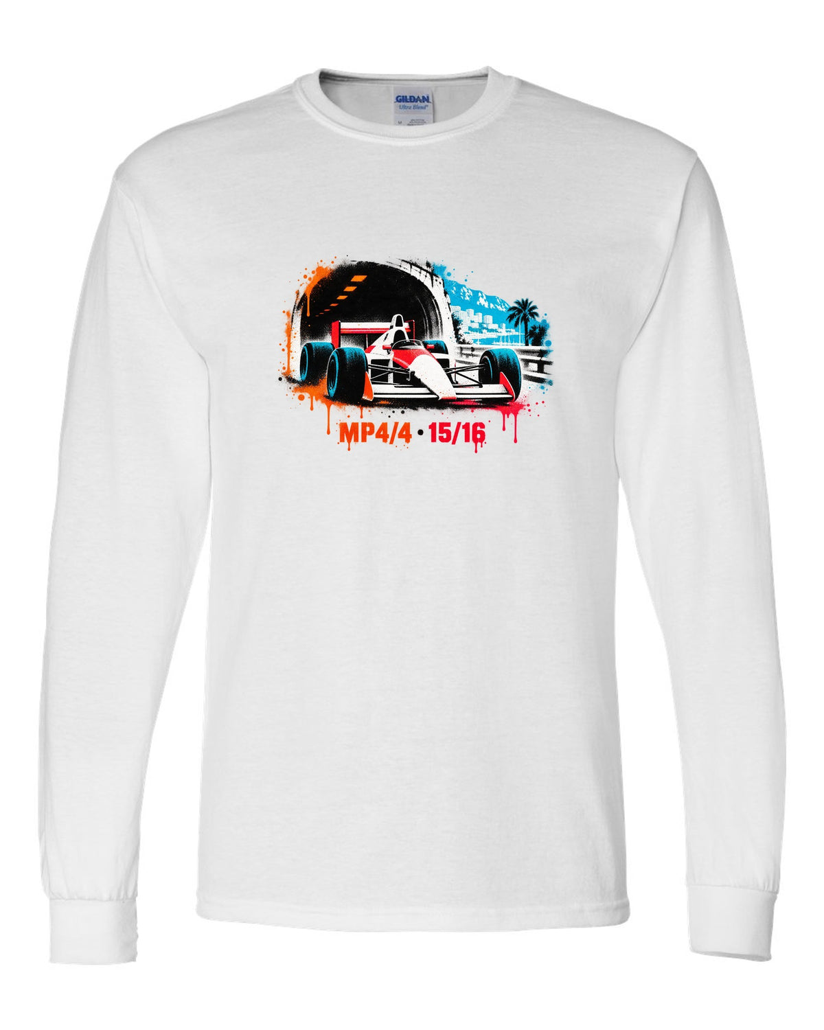 Stencil spray art of the McLaren MP4/4 Formula 1 car with 15/16 lettering white long sleeve front view with the design