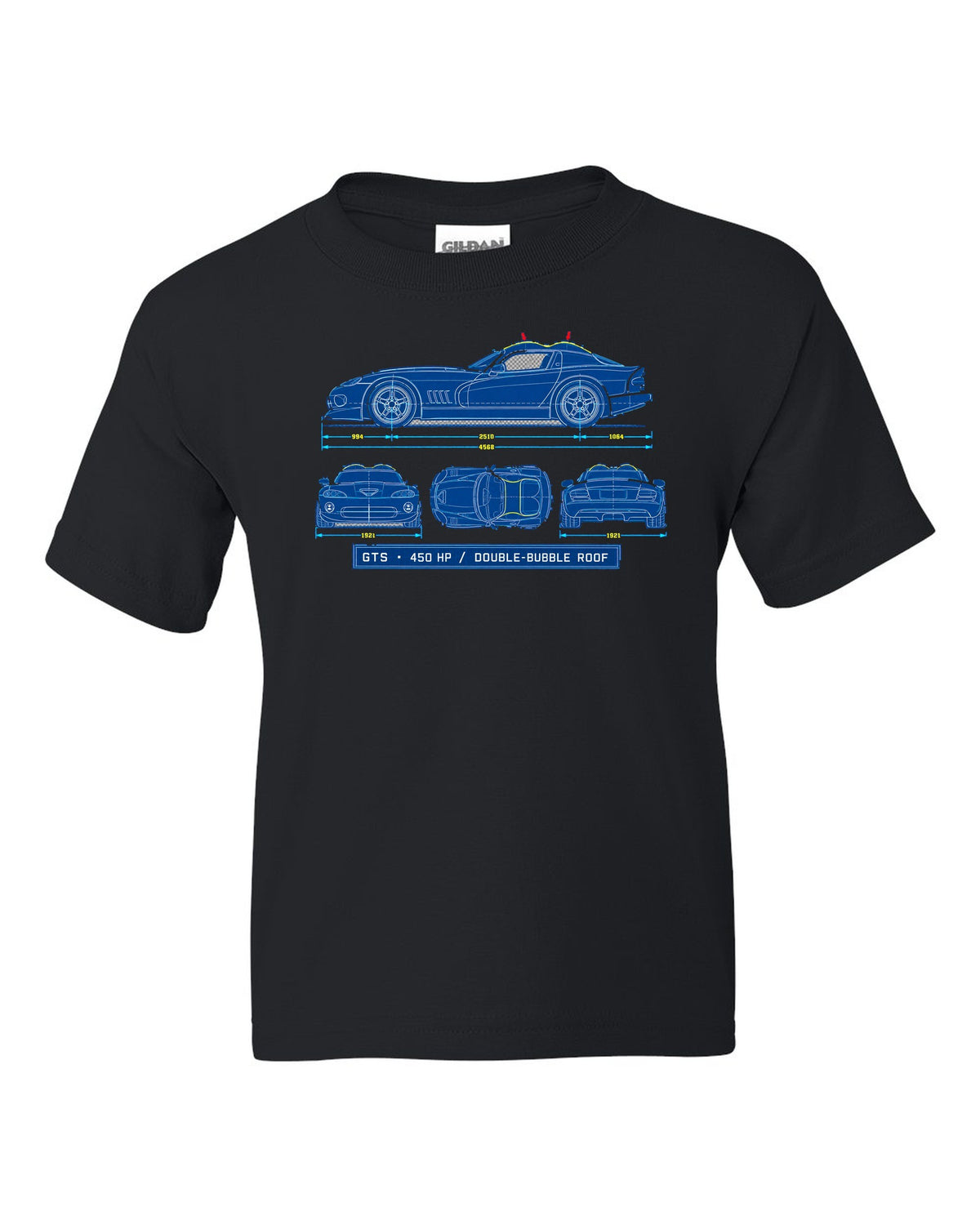 Cyanotype blueprint print of a 1996 Dodge Viper GTS SR II with double-bubble roof text black kids tee front view with the design