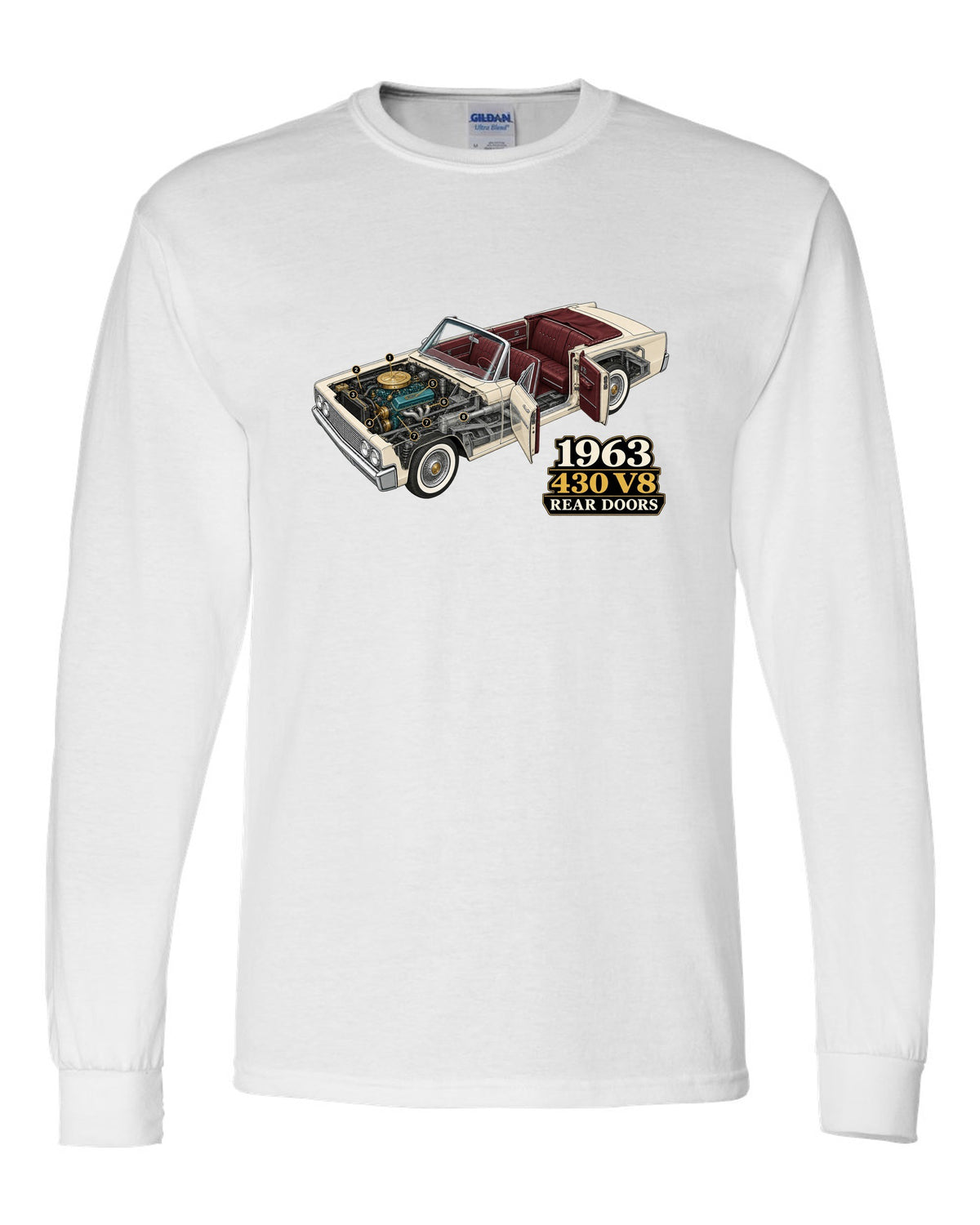 1963 Lincoln Continental four-door convertible isometric cutaway diagram white long sleeve front view with the design
