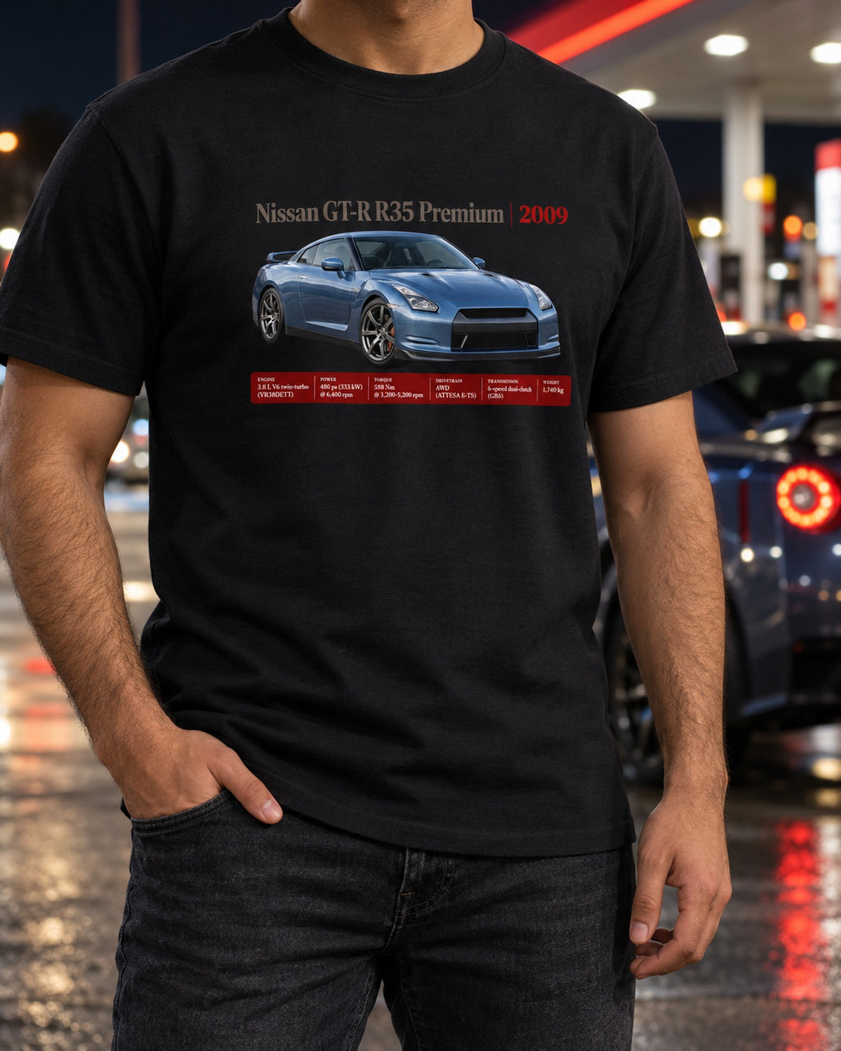 Nissan GT-R R35 2009 Premium Archive Panel Shirt, 480 HP Tee T-Shirt Black worn hero