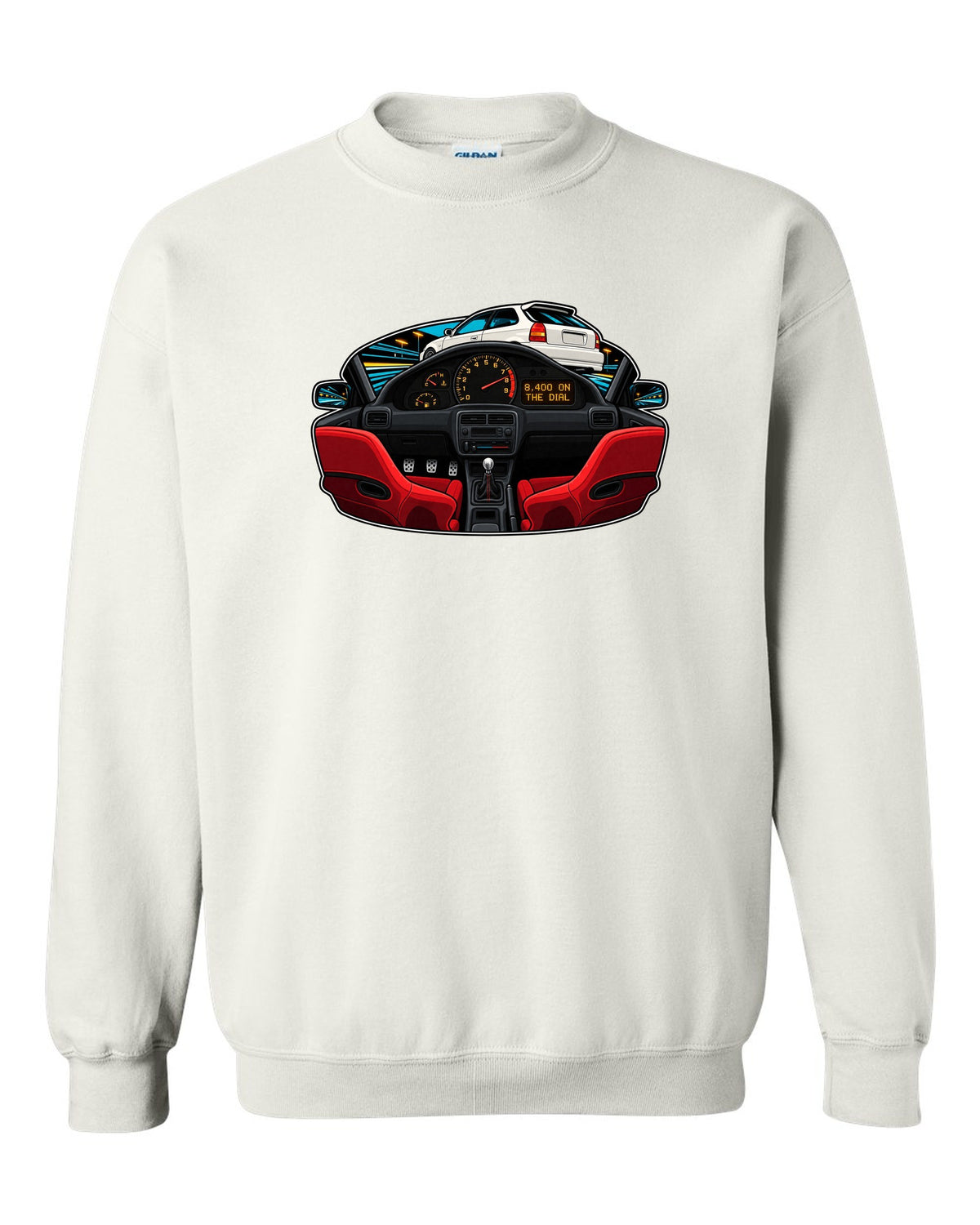 Gauge-cluster HUD print of a 1997 Honda Civic Type R EK9 with 8,400 on the dial text white crewneck front view with the design
