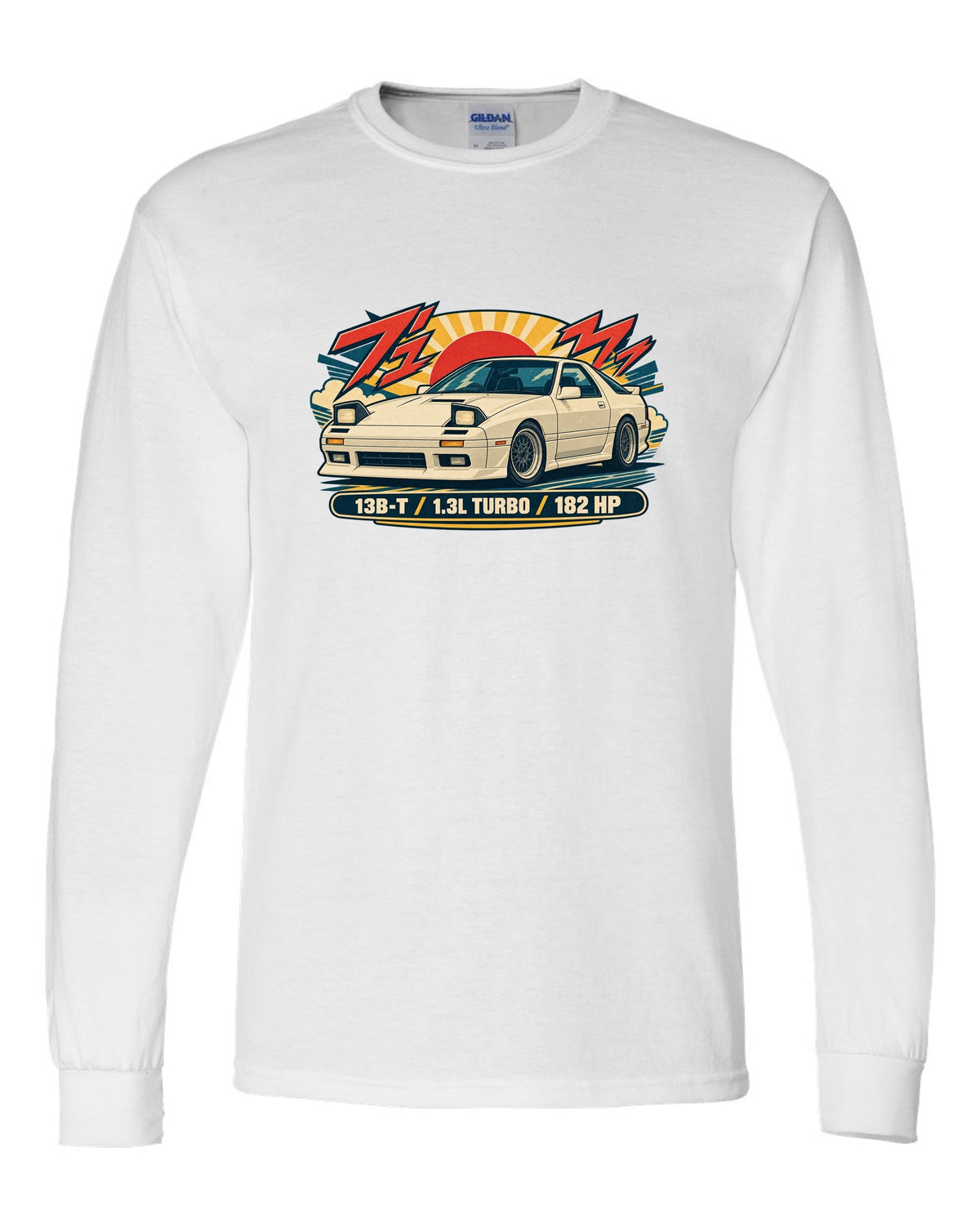 Risograph style overhead print of a Mazda MX-5 ND with the text ND 50:50 white long sleeve front view with the design