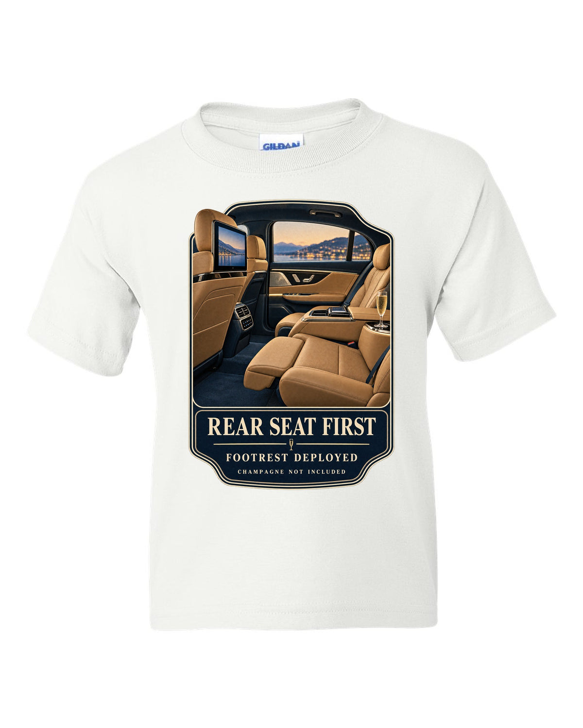 print of the Mercedes-Maybach S680 rear executive cabin with footrest deployed white kids tee front view with the design