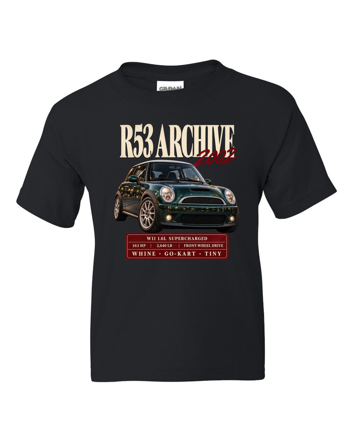 Mini Cooper S R53 archive panel with W11 supercharged engine specs black kids tee front view with the design