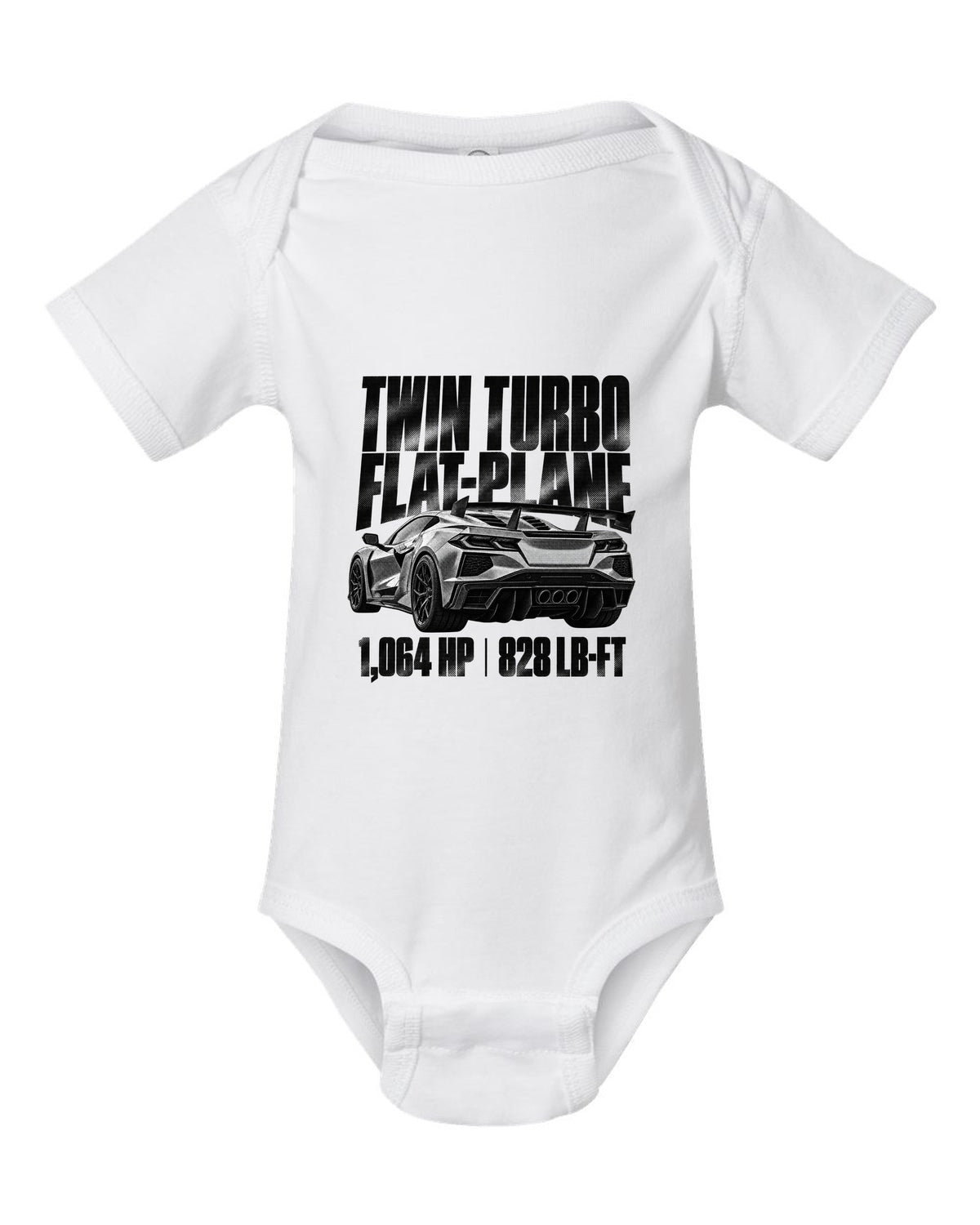 Corvette C8 ZR1 2025 hood vents and rear wing in halftone white baby onesie front view with the design
