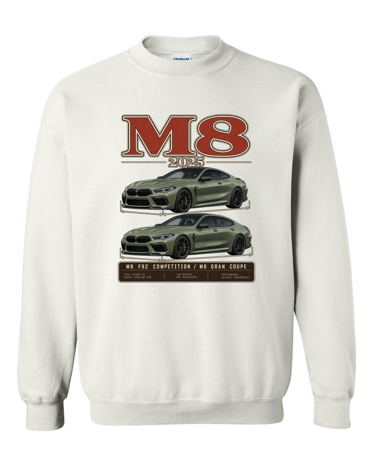 BMW M5 Touring 2025 archive panel print on a tee white crewneck front view with the design