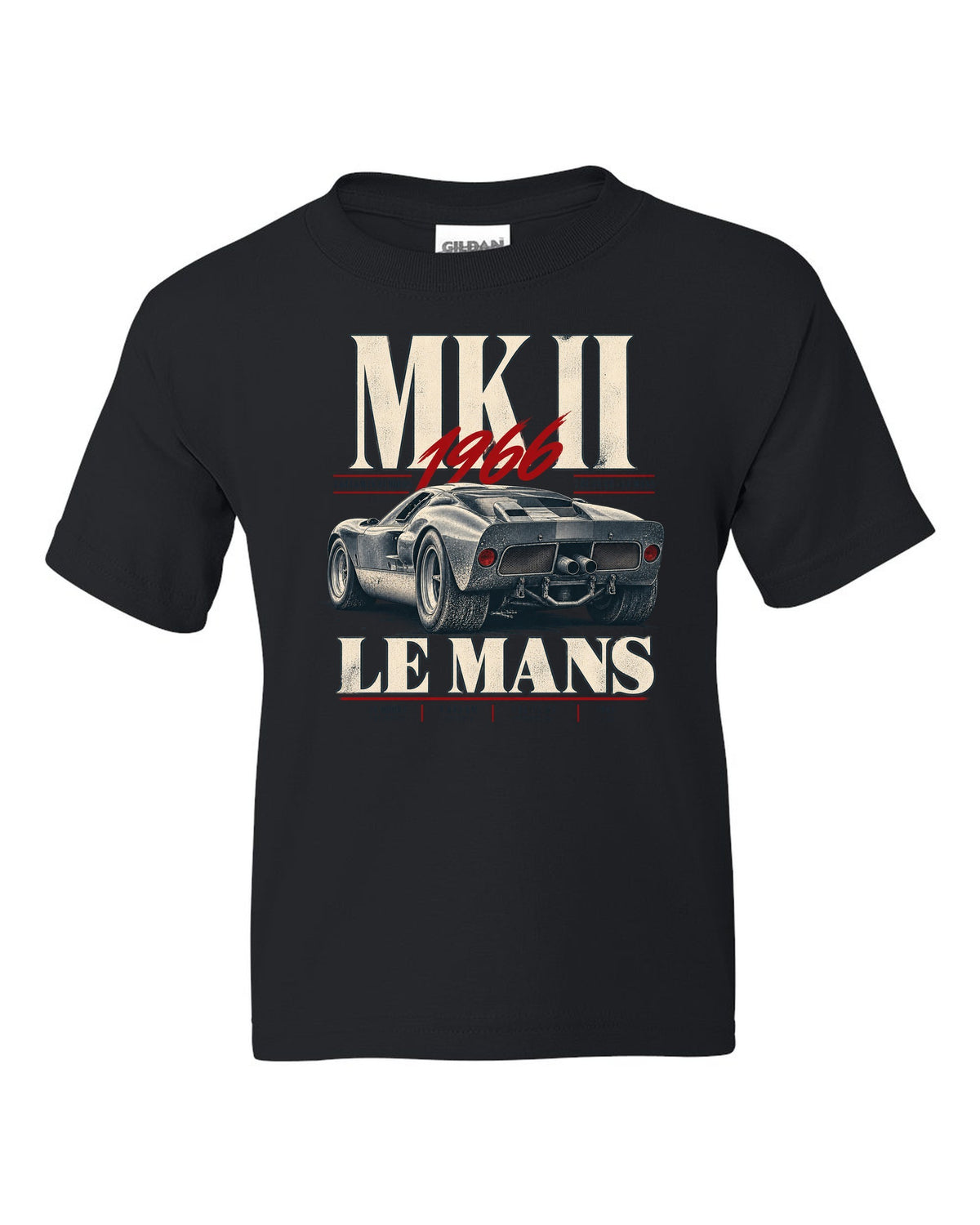 Editorial print of a 1966 Ford GT40 Mk II rear three-quarter view with Le Mans distance black kids tee front view with the design