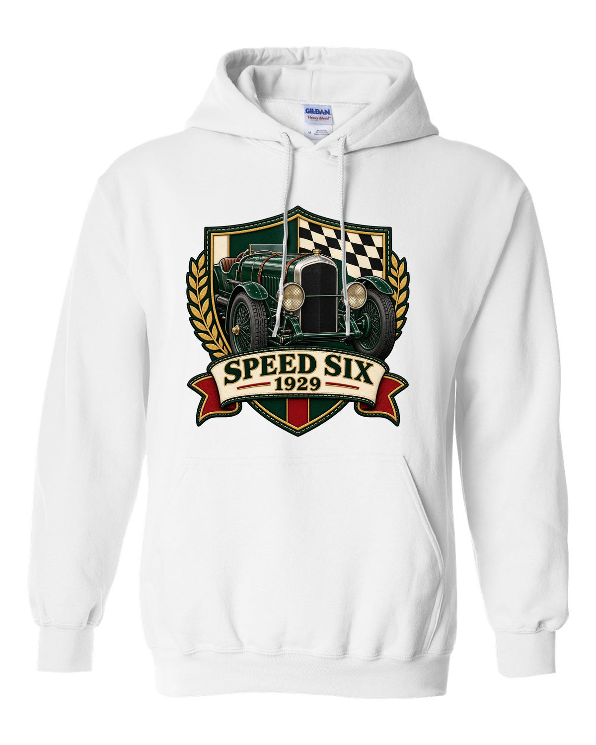Varsity-style embroidered crest design for the 1929 Bentley Speed Six with SPEED SIX lettering white pull over hoodie front view with the design