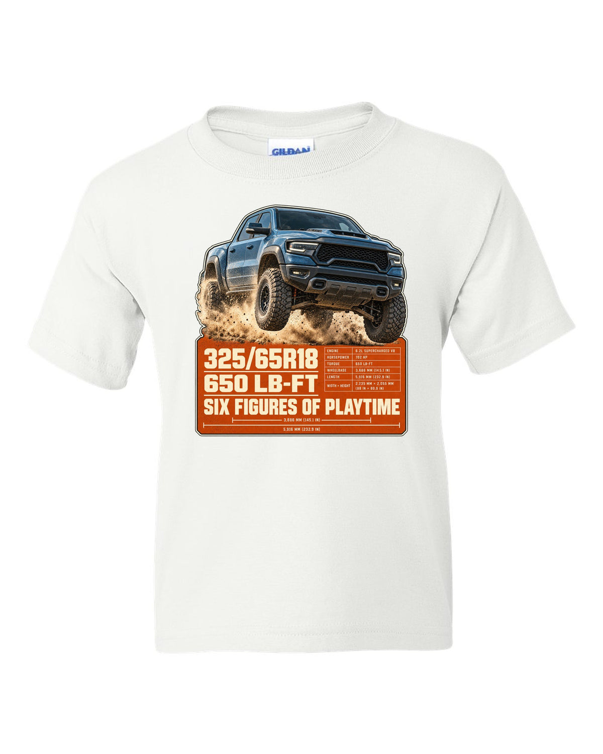 Ram 1500 TRX spec poster with tyre size and torque print white kids tee front view with the design