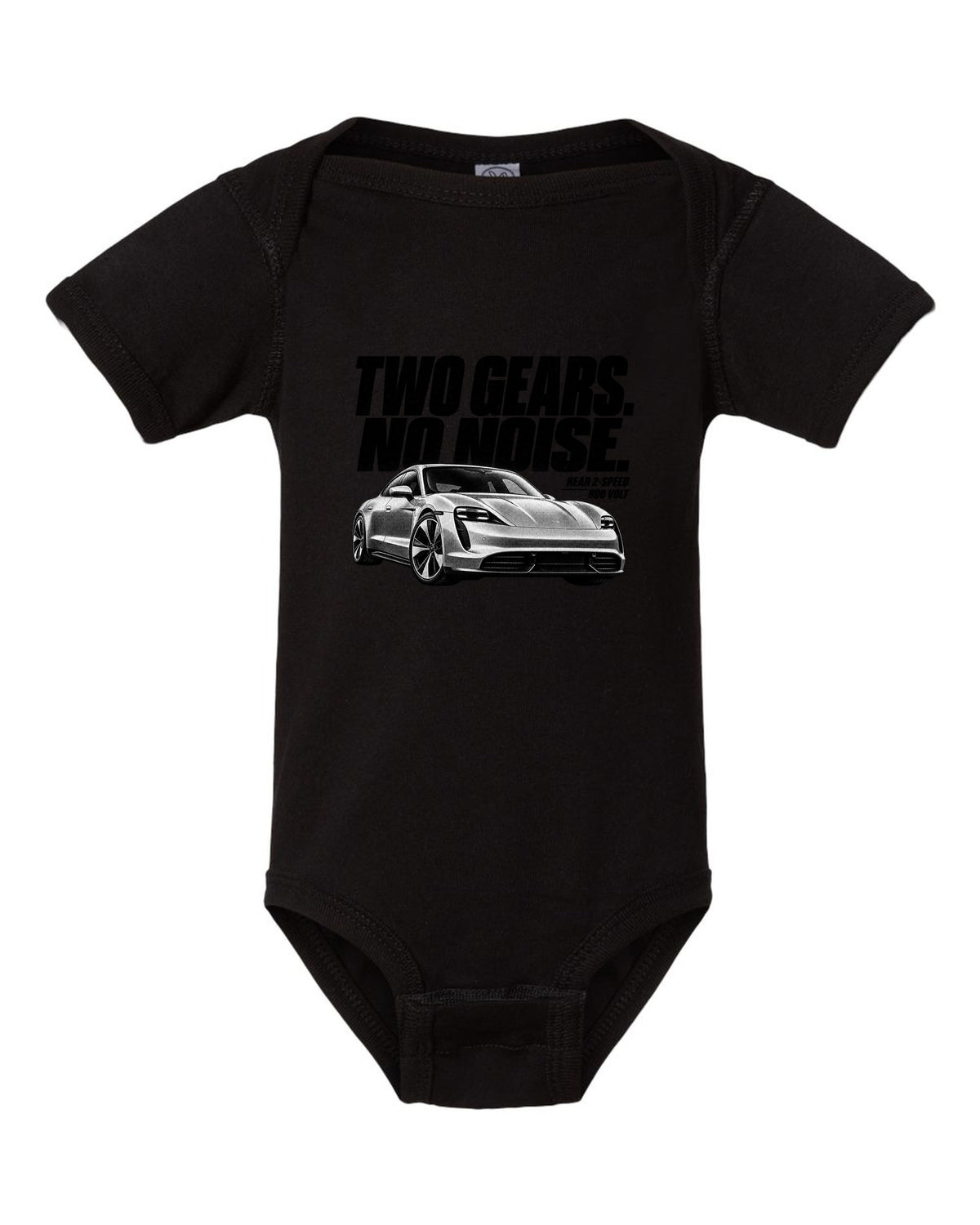 Halftone Porsche Taycan Turbo S 9J1 front three-quarter with two gears, no noise, rear 2-speed black baby onesie front view with the design