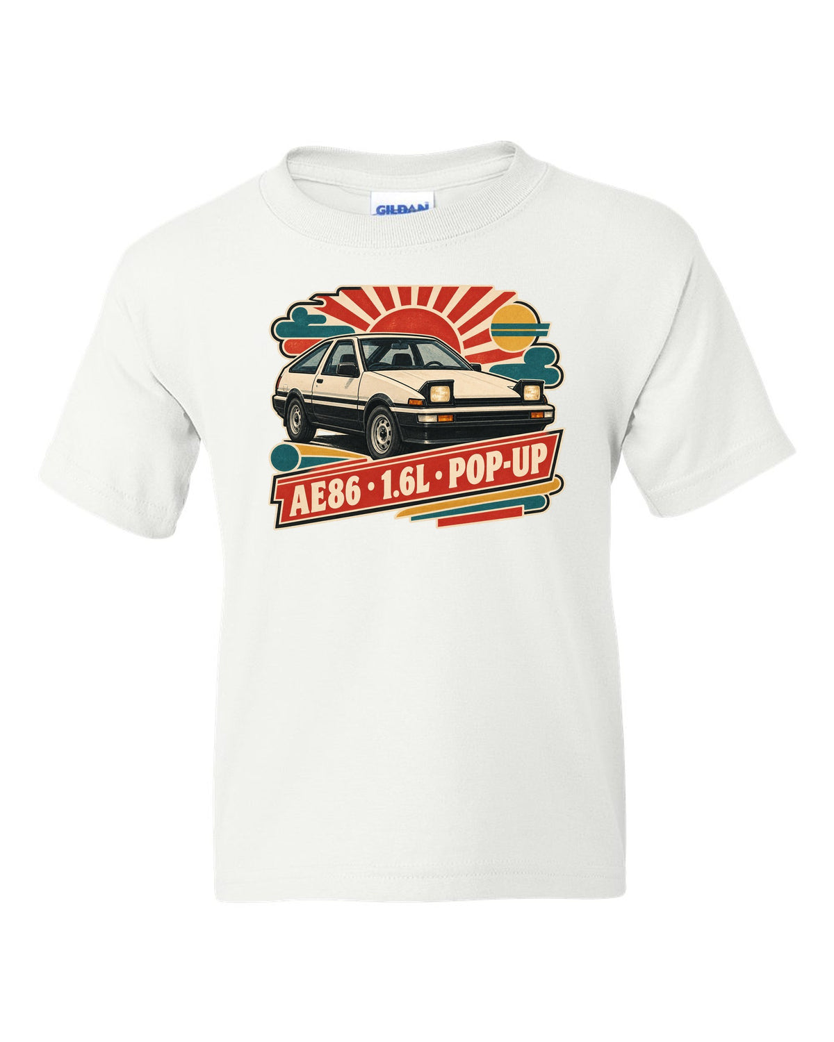 Retro Japanese Showa catalogue ad style print of a 1985 Toyota Sprinter Trueno AE86 with pop-up lettering white kids tee front view with the design