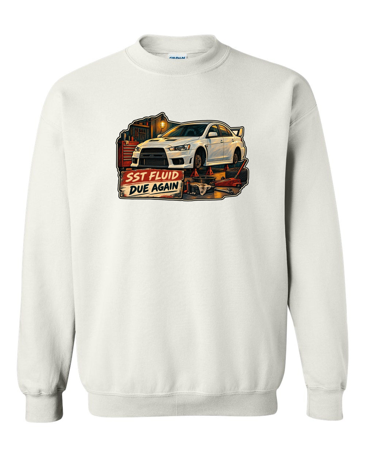 Gouache garage illustration print of the Mitsubishi Evo X CZ4A with SST fluid due again text white crewneck front view with the design