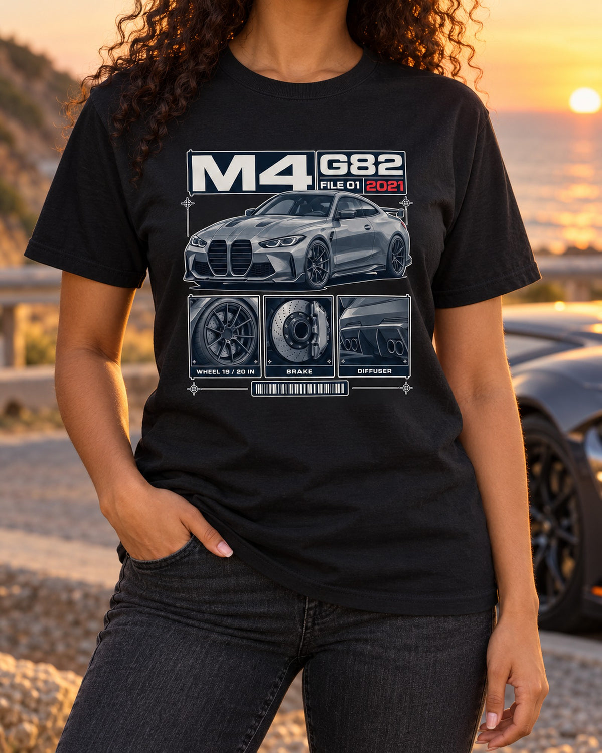 BMW M3 G80 File 01 Dossier Panels Shirt, Wheels Brakes Diffuser T-Shirt Black worn hero