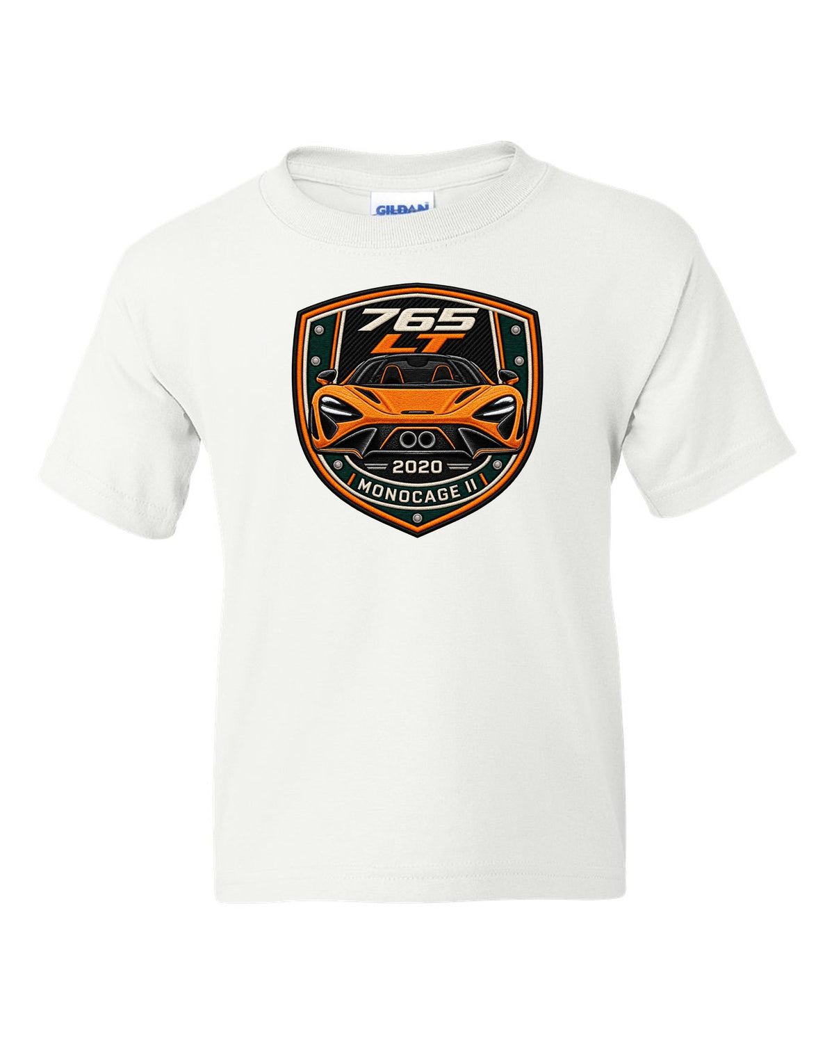 Embroidery varsity crest print for the McLaren 765LT with 765 LT 2020 Monocage II lettering white kids tee front view with the design