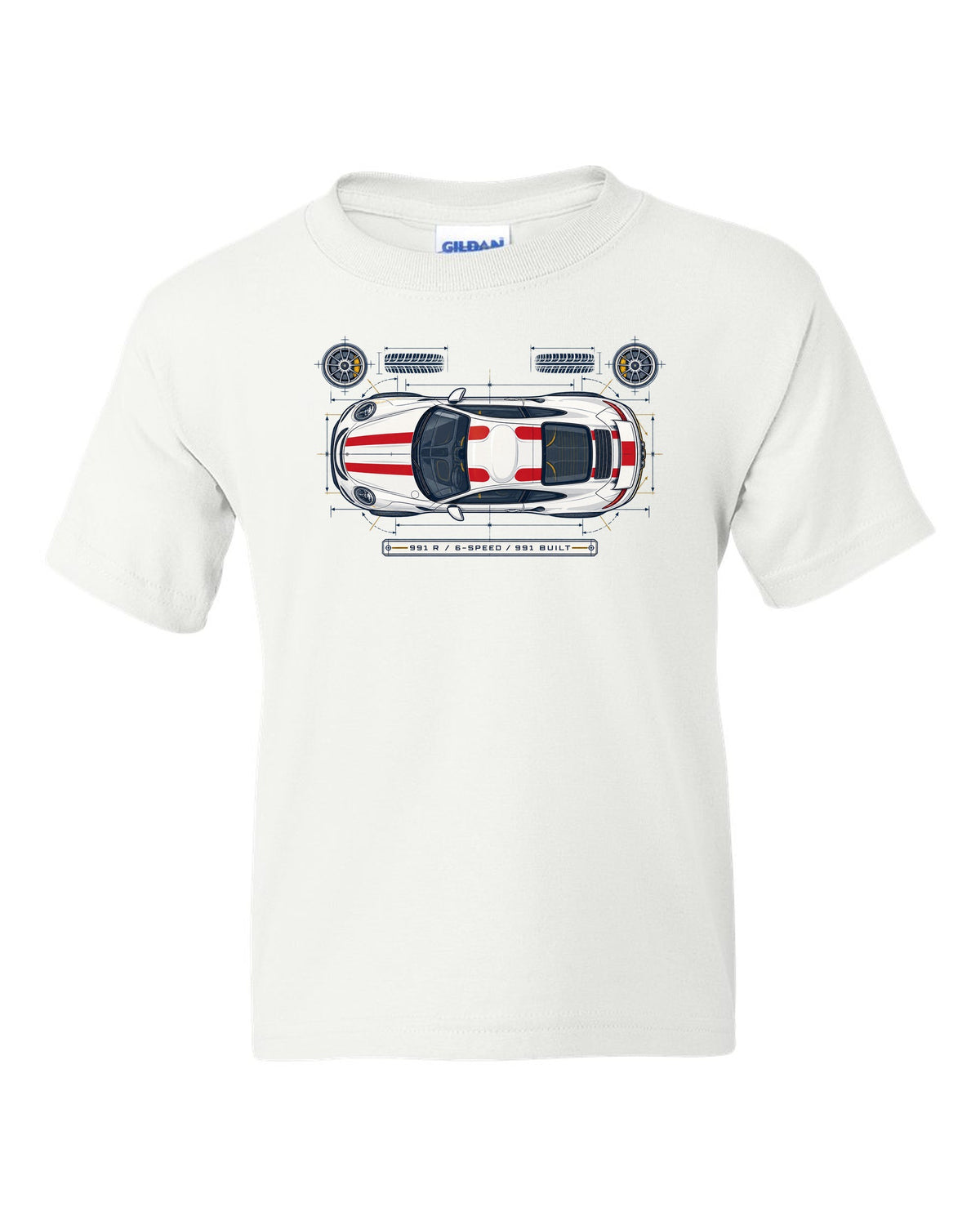 Porsche 993 Carrera five-dial gauge cluster HUD design with no screens text white kids tee front view with the design