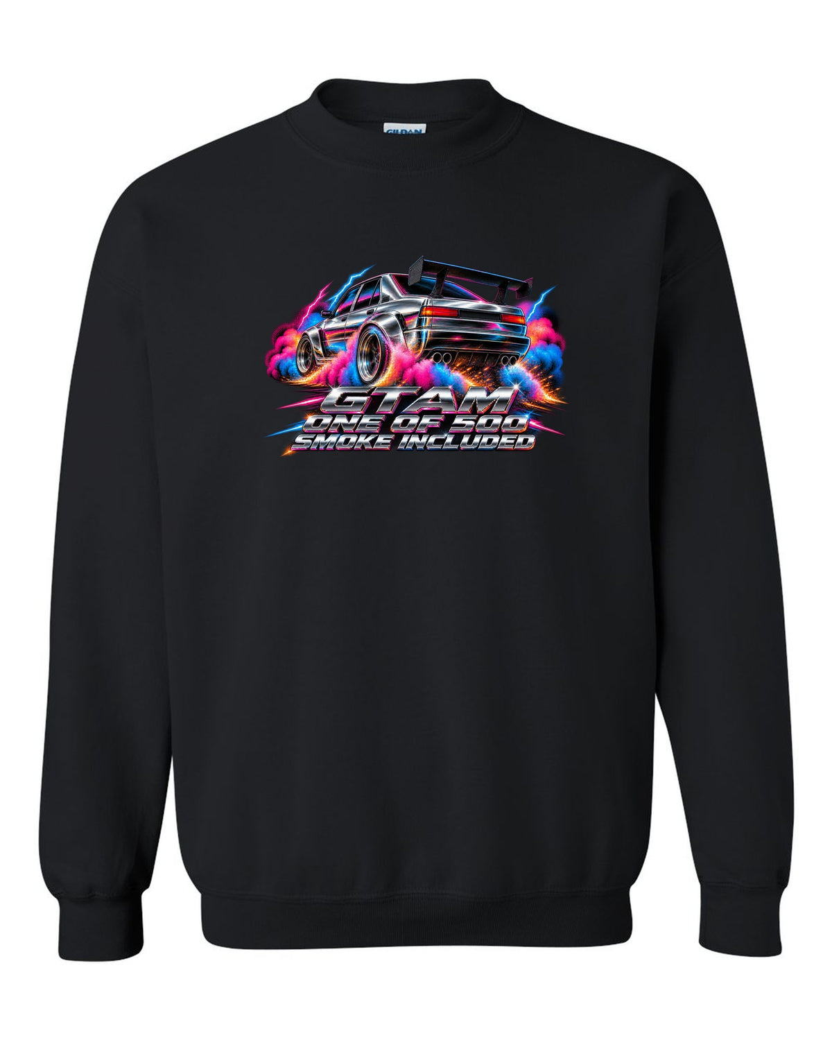 80s airbrush chrome style Alfa Romeo Giulia GTAm with one of 500 smoke included text black crewneck front view with the design