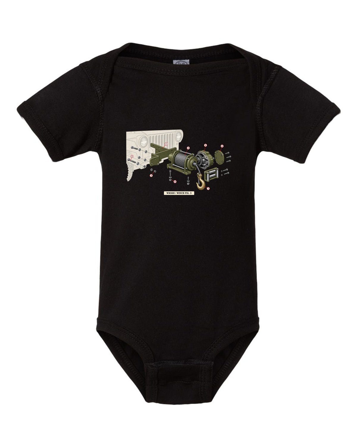 Exploded diagram print of a Dodge Power Wagon WM300 front winch labelled Fig. 3 black baby onesie front view with the design