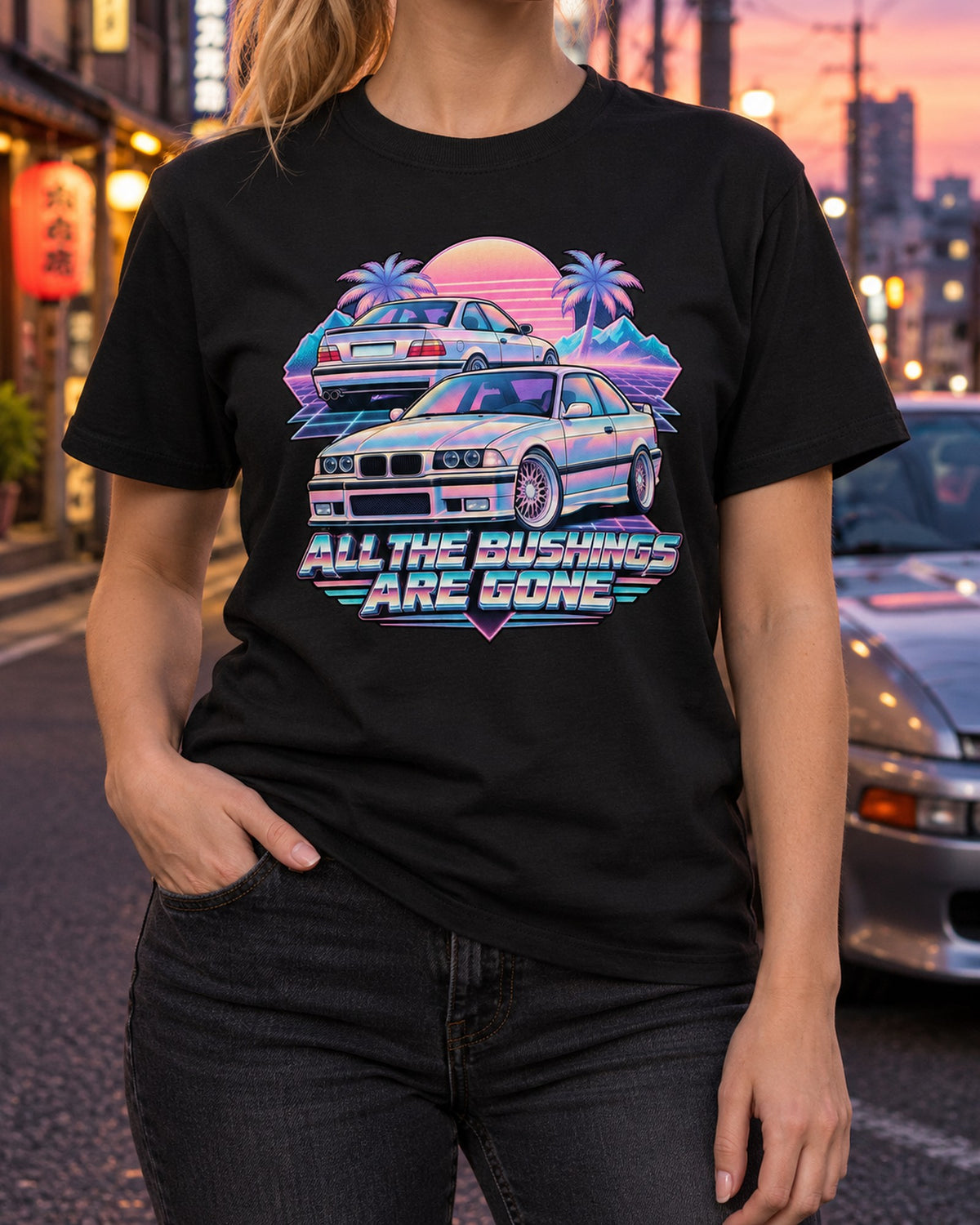 BMW E36 M3 Vaporwave Taillight Tee, Worn Bushings Joke T-Shirt Black worn hero