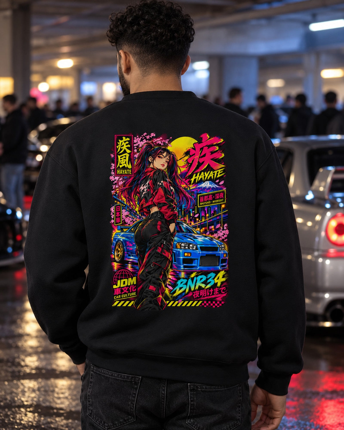 HAYATE BNR34 Anime Girl Full-Back Graphic Tee Crewneck Black worn hero