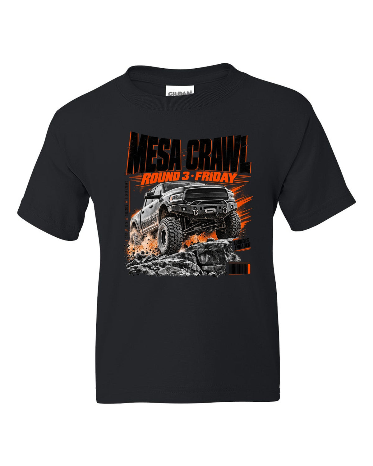 Race poster print of a Ram 2500 Power Wagon at a Mesa Crawl event black kids tee front view with the design