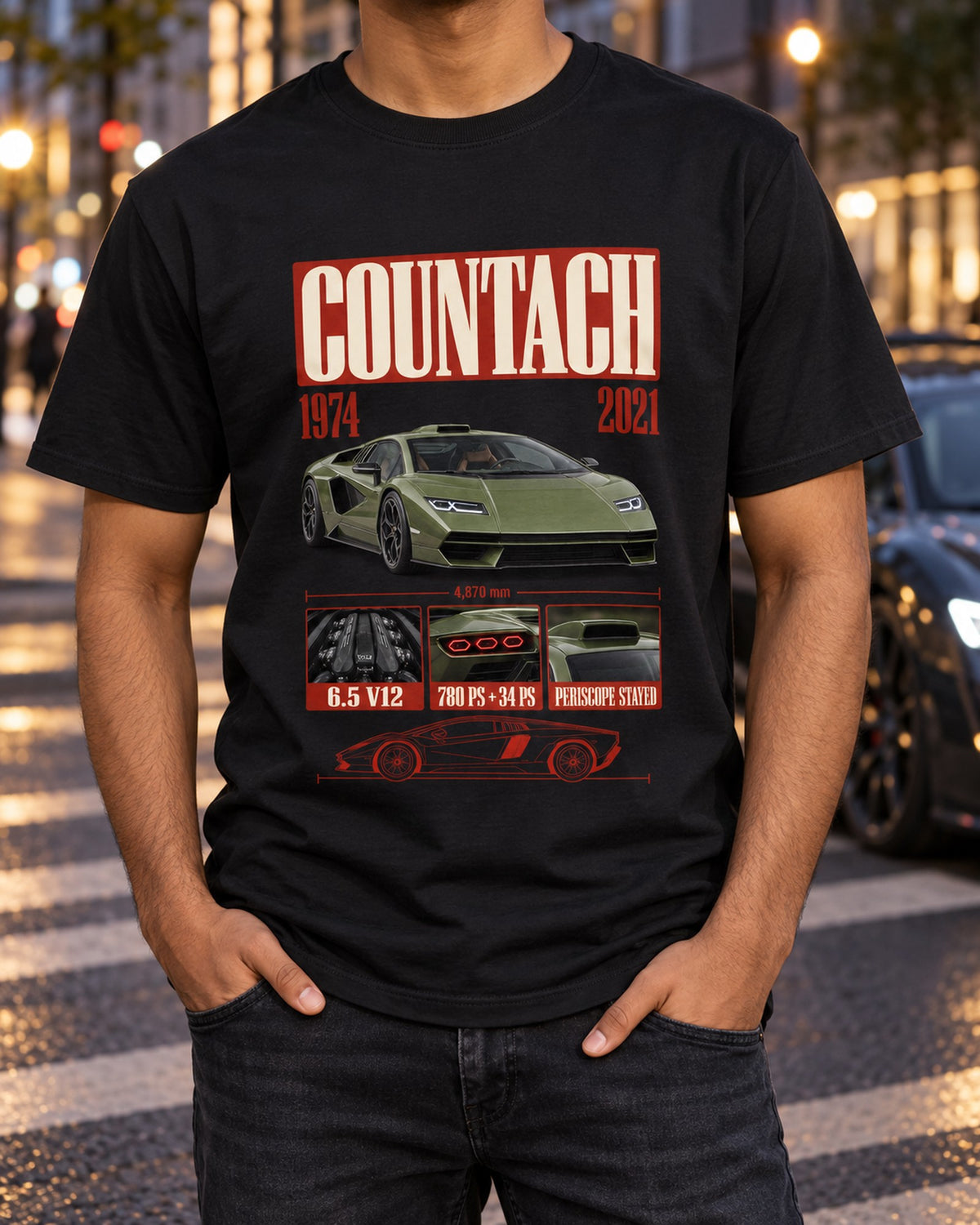 Countach LPI 800-4 Archive Panel Shirt, 1974 to 2021 Spec Print T-Shirt Black worn hero