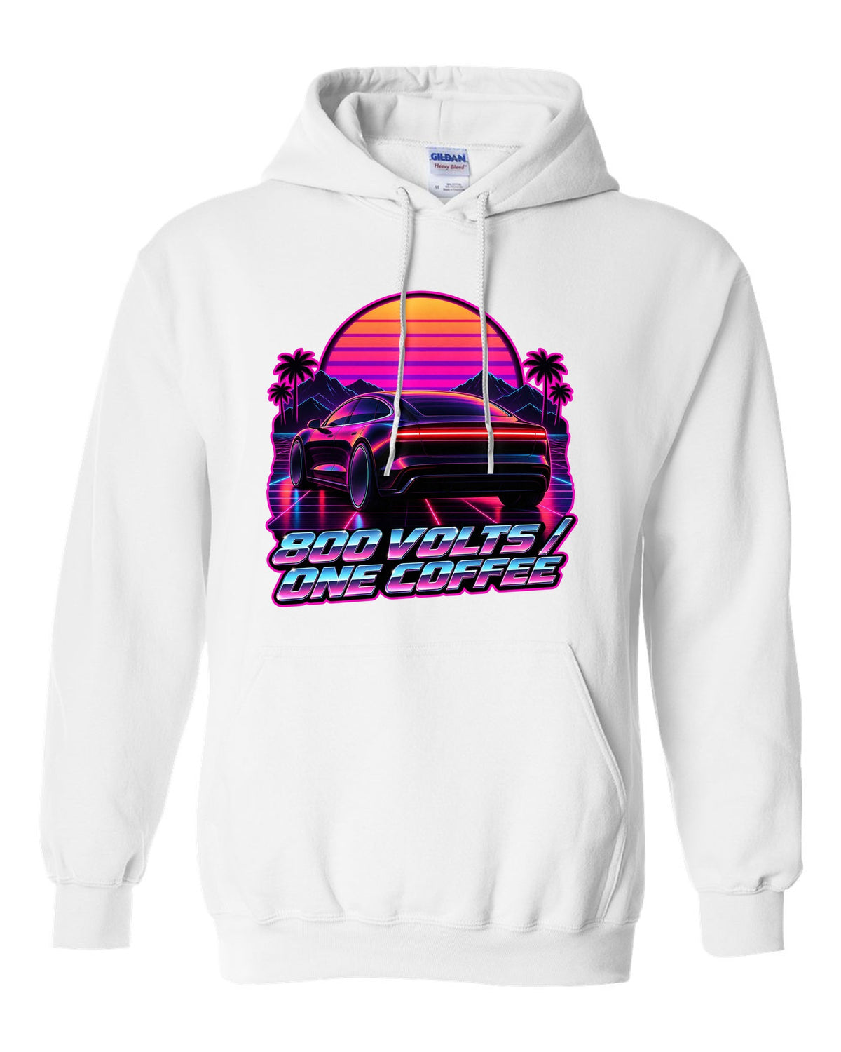 Porsche Taycan Turbo S 9J1 synthwave outrun light bar print with the text 800 volts one coffee white pull over hoodie front view with the design