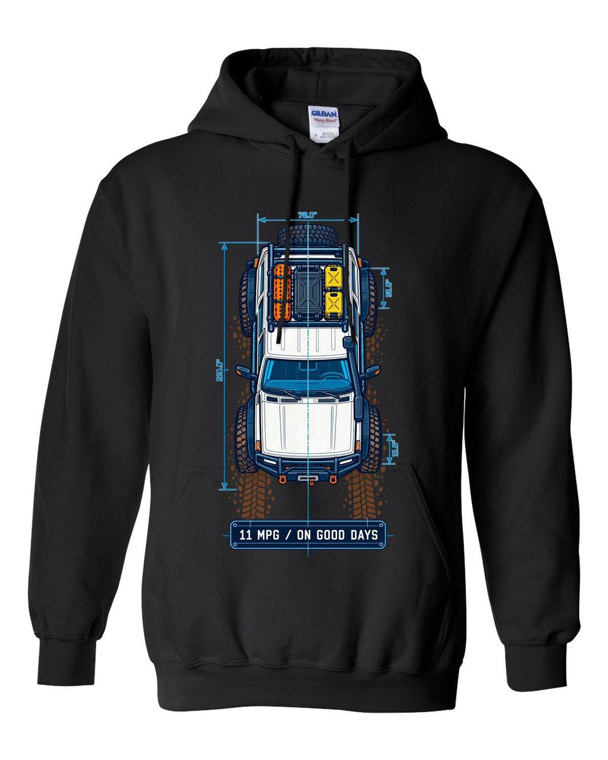 Top-down blueprint line art of a Toyota Land Cruiser FJ80 with roof rack and 11 MPG lettering black pull over hoodie front view with the design