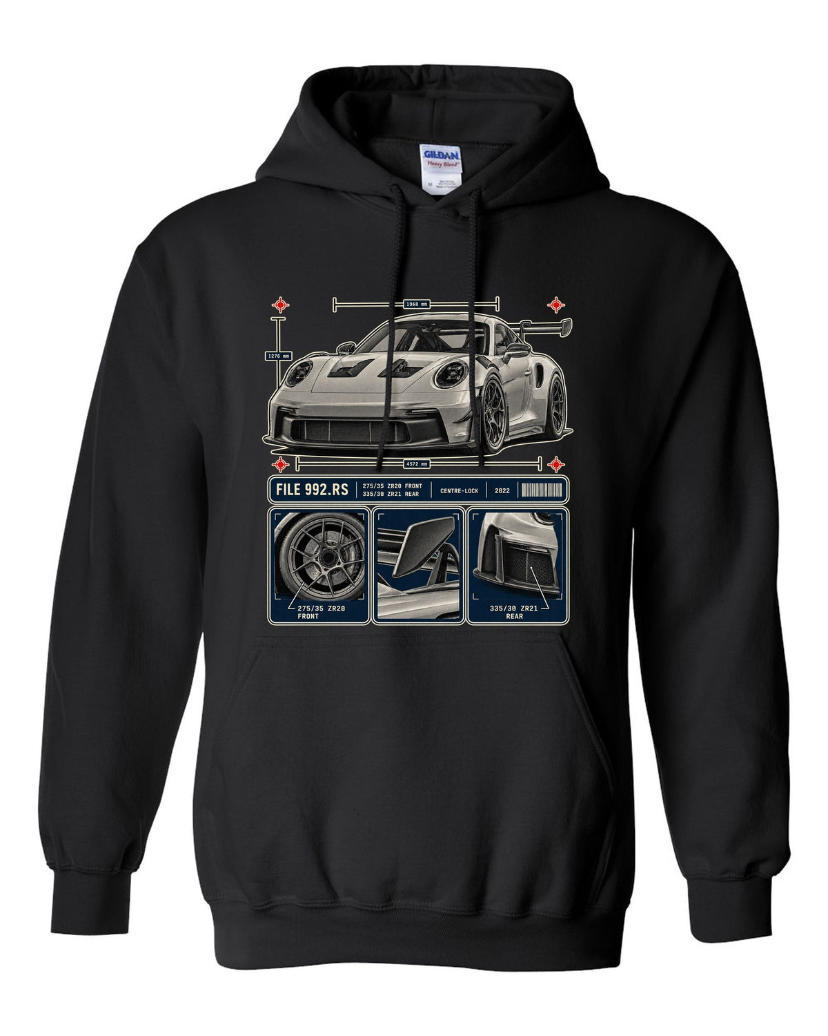 Porsche 992 GT3 RS dossier panels print design black pull over hoodie front view with the design
