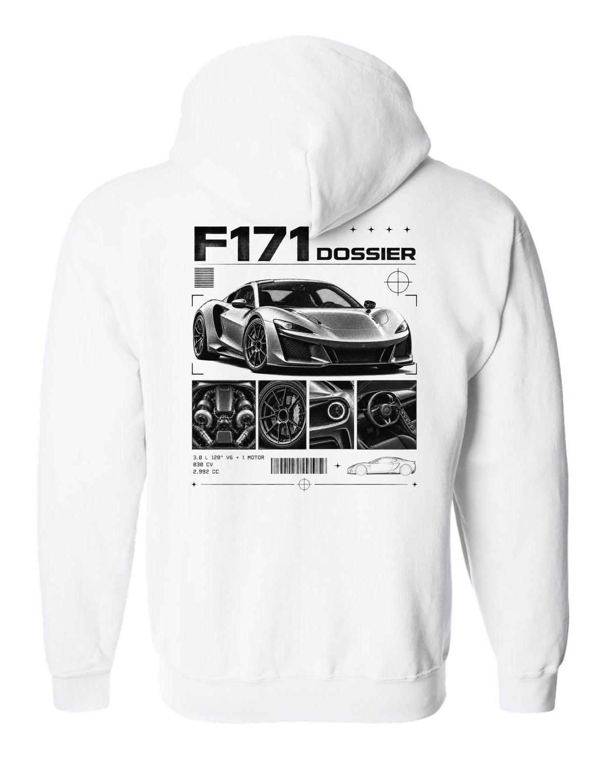 Dossier panel print of a Ferrari 296 GTB F171 with 3.0 L 120 degree V6 plus one motor, 830 CV white zip hoodie back view with the design