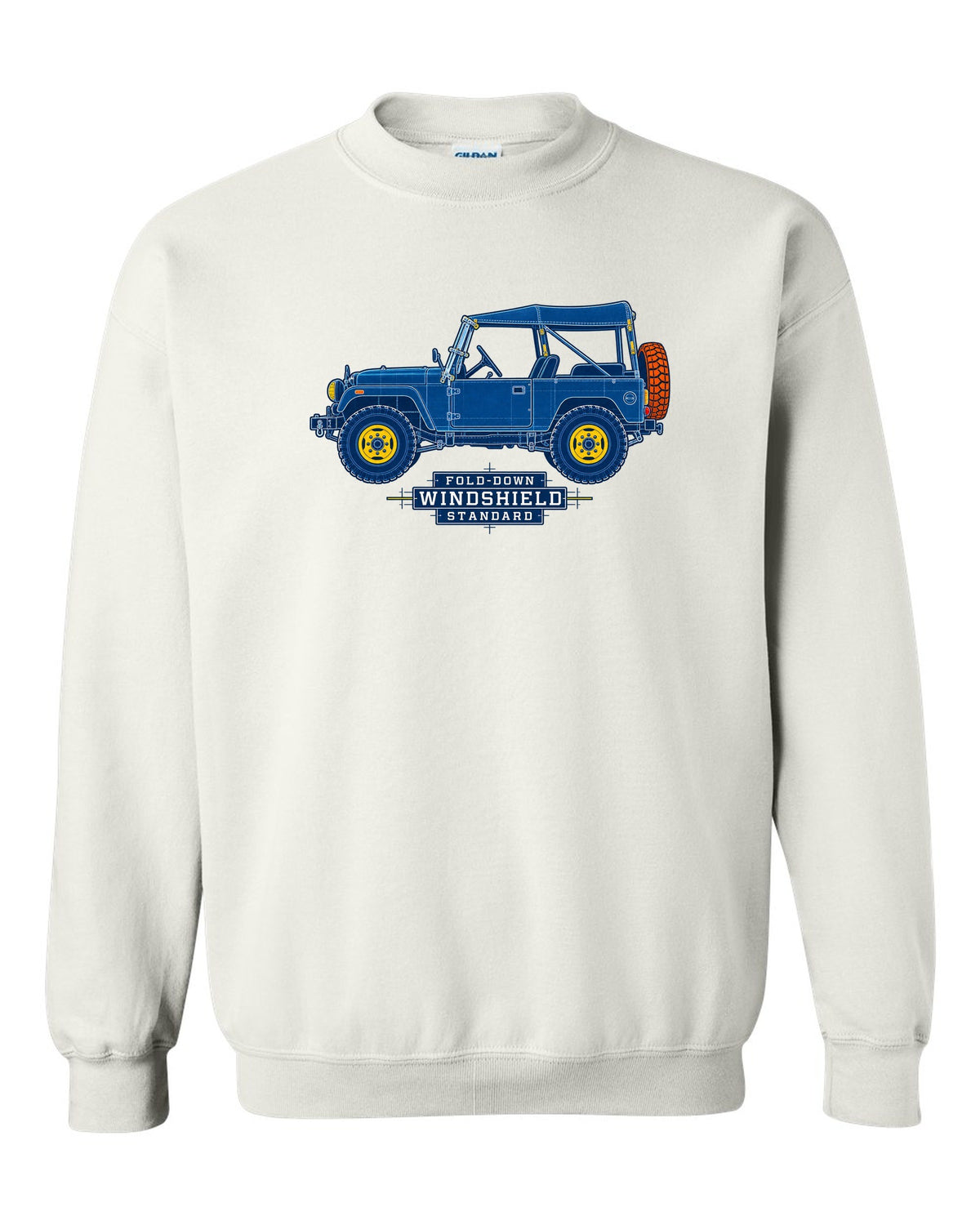 Cyanotype blueprint of a Toyota Land Cruiser FJ40 with fold-down windshield lettering white crewneck front view with the design