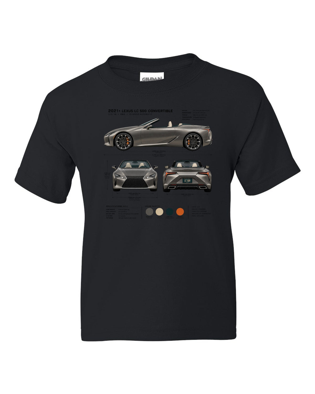 Three-view drawing of the Lexus LC 500 Convertible with spec table black kids tee front view with the design