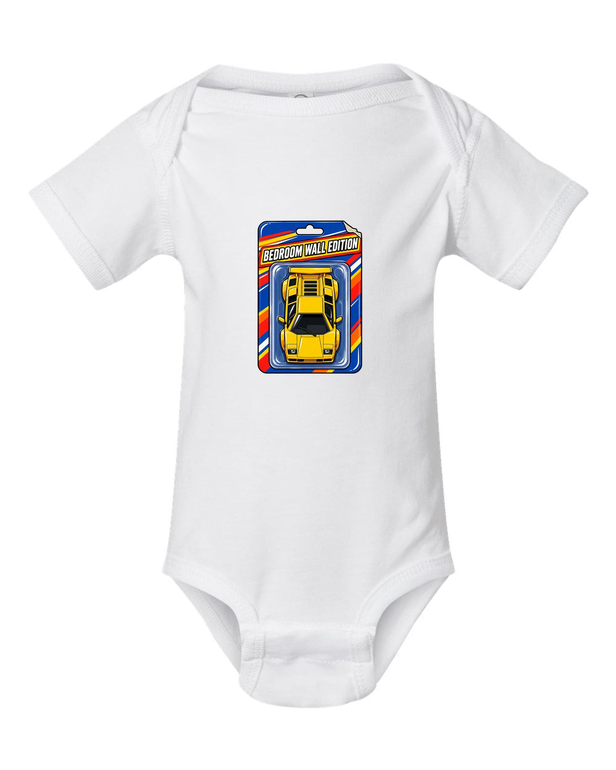 Top-down Lamborghini Countach LP400 S on a toy blister card labelled Bedroom Wall Edition white baby onesie front view with the design