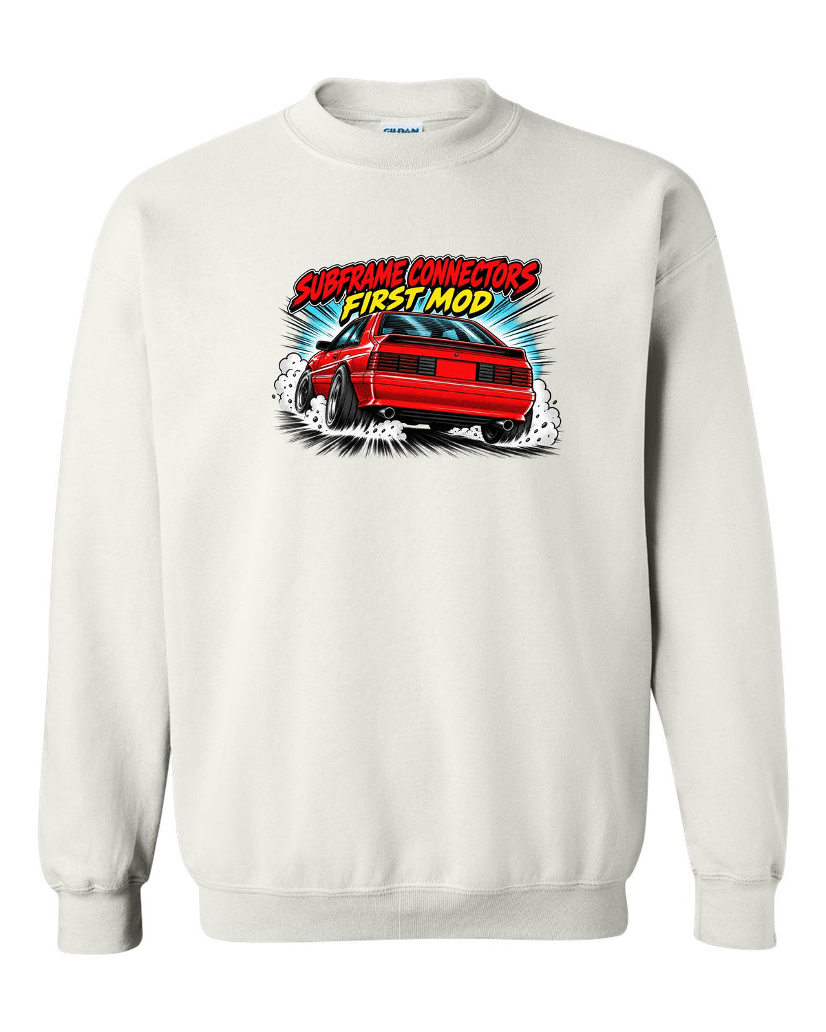 Retro manga halftone panel print of a 1991 Ford Mustang Fox Body GT chback white crewneck front view with the design