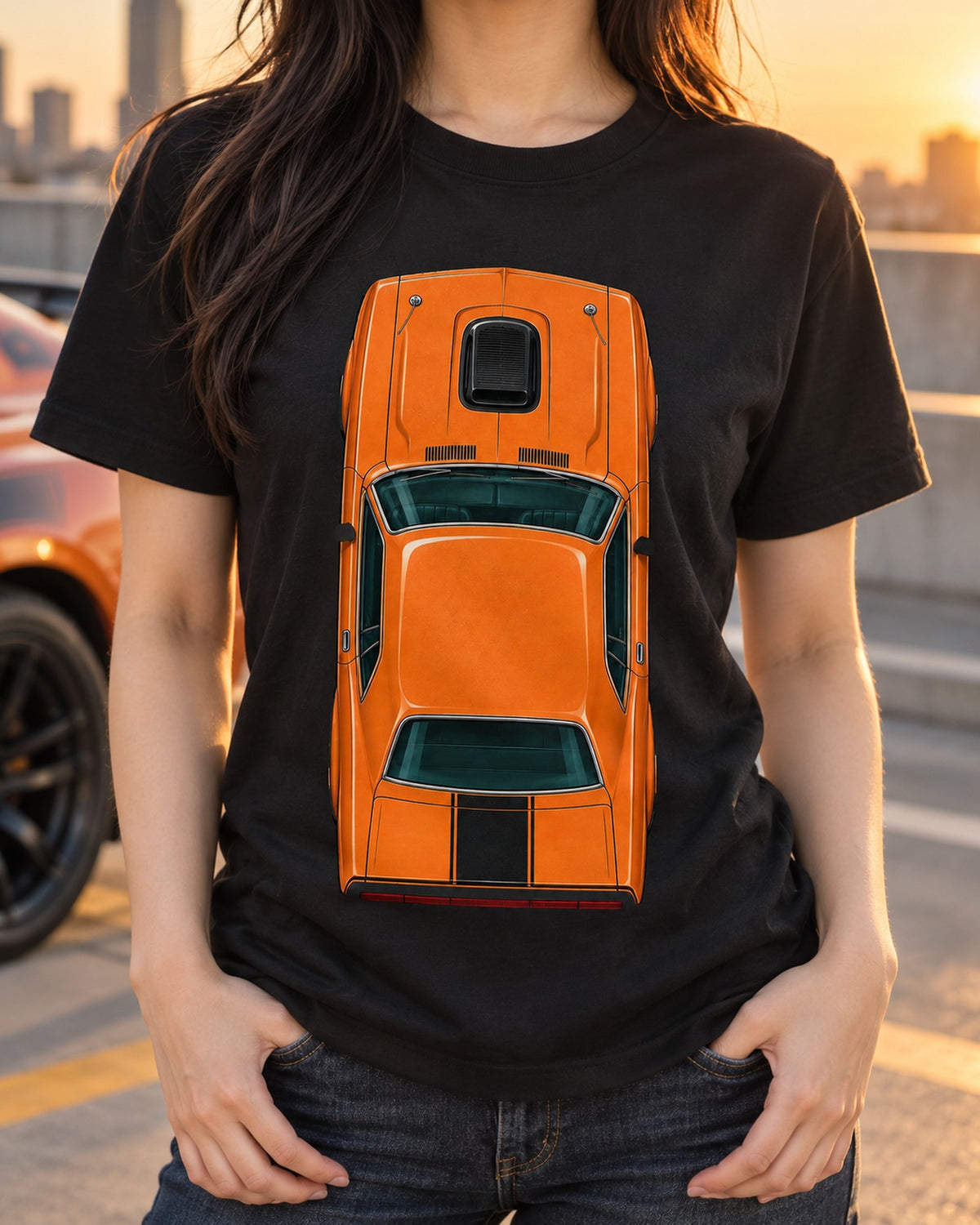 Go Mango 1970 Dodge Challenger R/T Spec Plate Overhead Tee T-Shirt Black worn hero