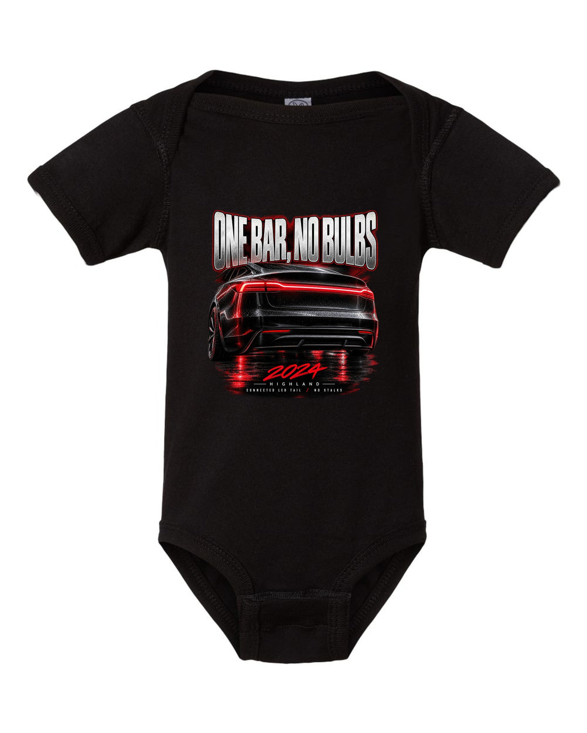 Taillight macro print of a 2024 Tesla Model 3 Highland connected LED tail black baby onesie front view with the design