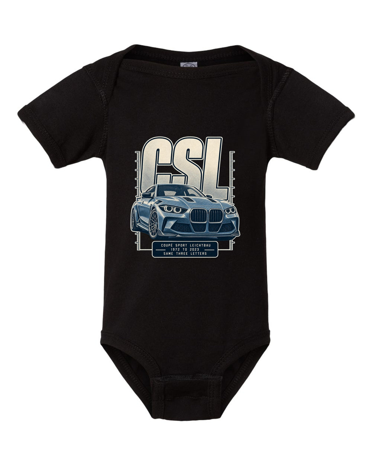BMW CSL halftone lettering print, 1972 to 2023 black baby onesie front view with the design