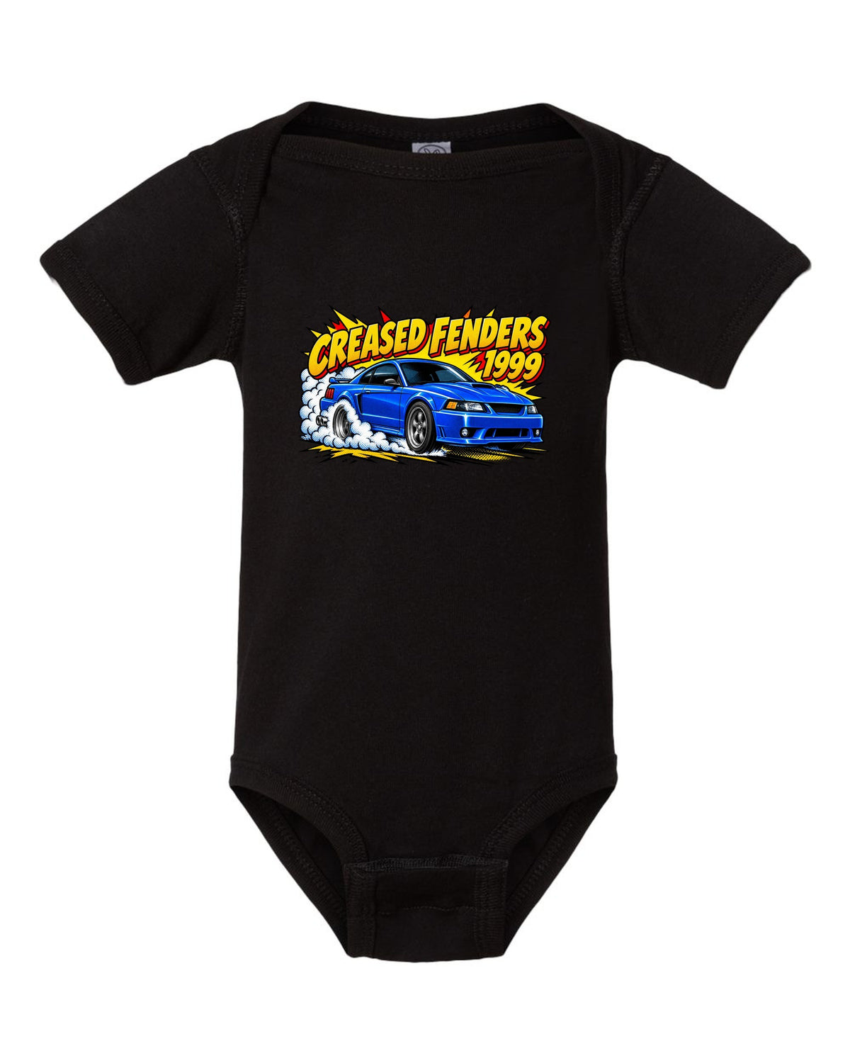 Comic halftone pop art 1999-2004 New Edge Ford Mustang coupe with burnout smoke black baby onesie front view with the design