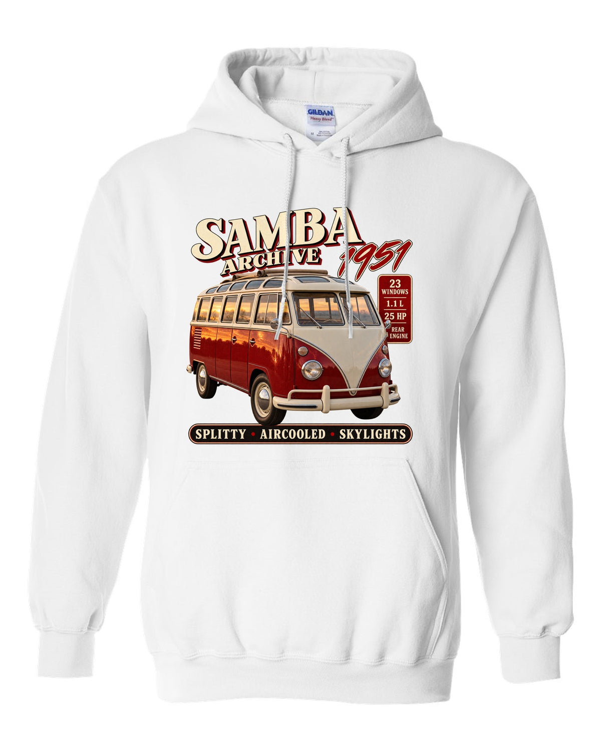 Archive panel print of a VW T1 Samba bus front three-quarter with 23 windows text white pull over hoodie front view with the design