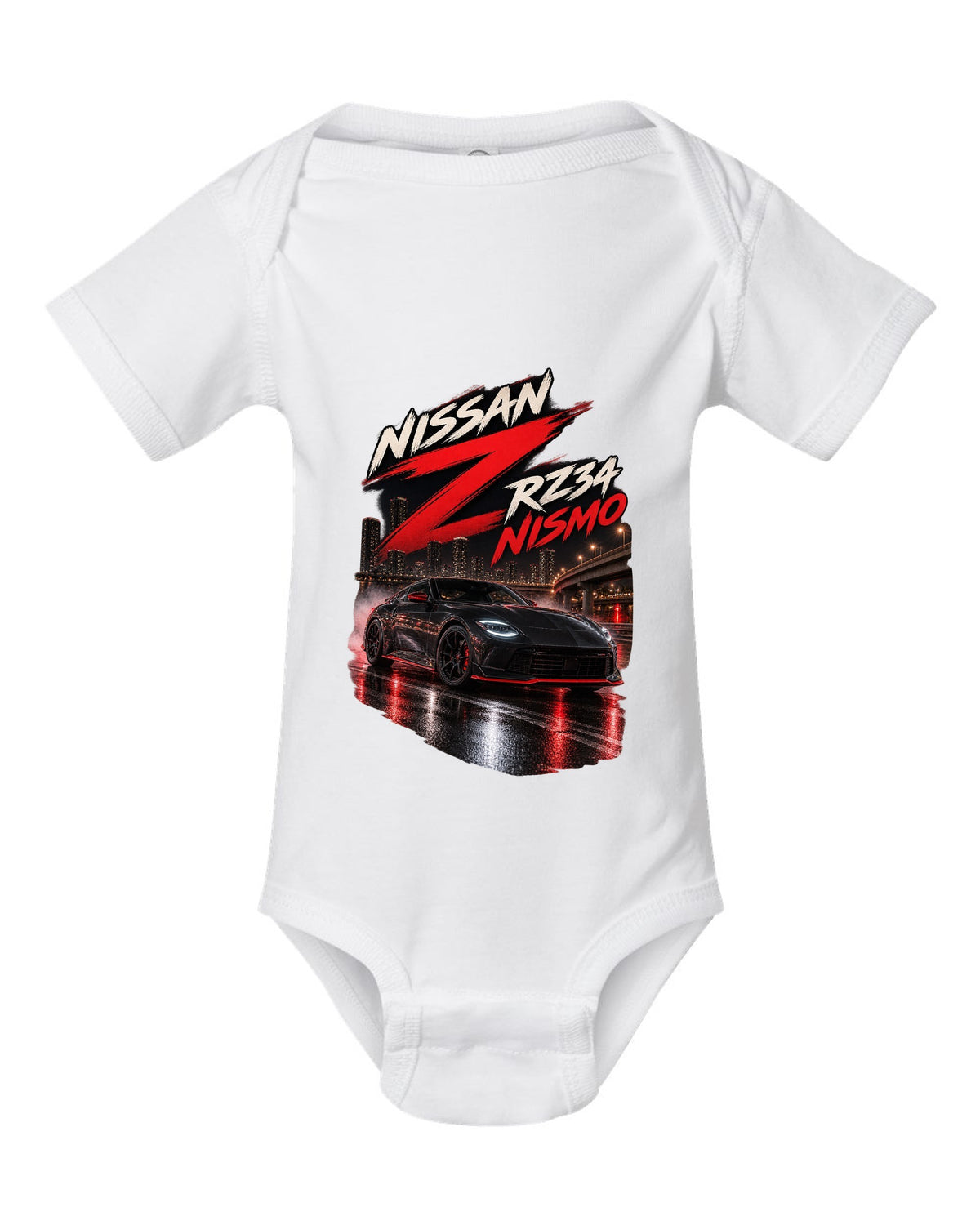 Nissan RZ34 Z spec poster with 2022 debut, VR30DDTT and 400 hp text white baby onesie front view with the design