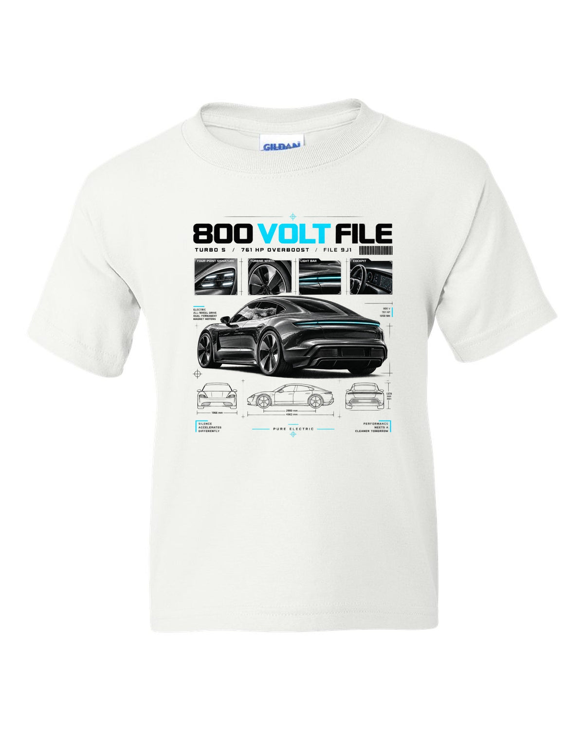 Dossier panel print of a 2020 Porsche Taycan Turbo S 9J1 with turbine wheel and light bar white kids tee front view with the design